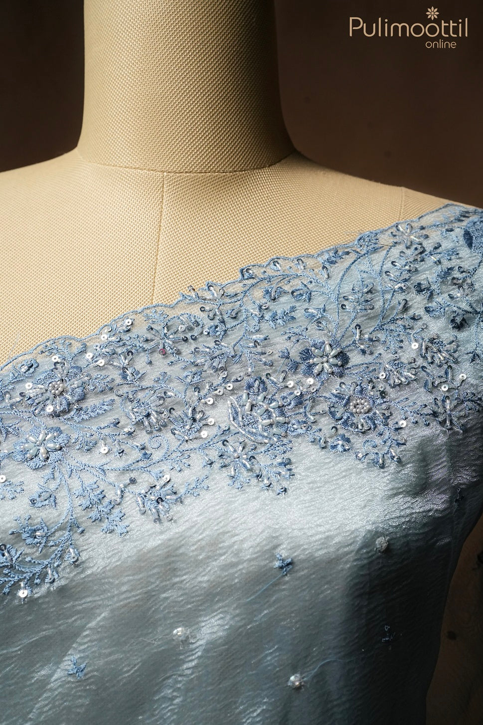 Blue grey color crushed organza fancy saree