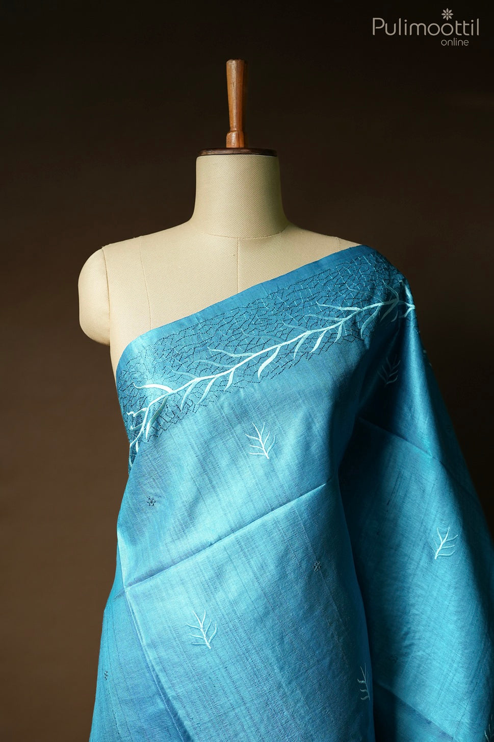 Dark aqua blue color Tussar silk saree