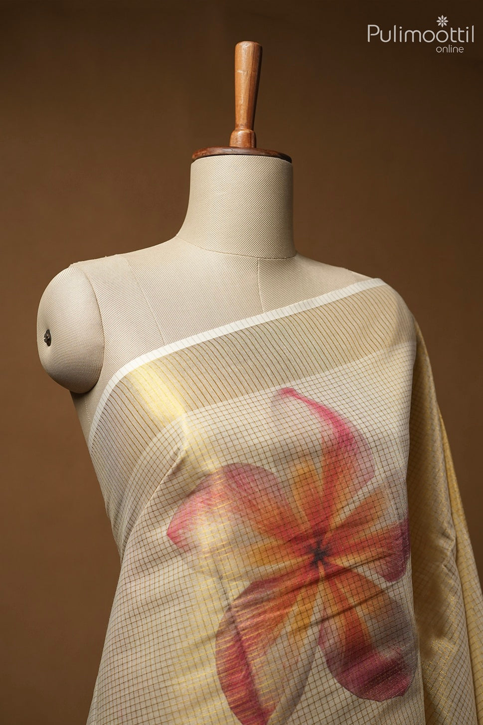 Kerala Traditional golden Tissue Grid Check Set Saree