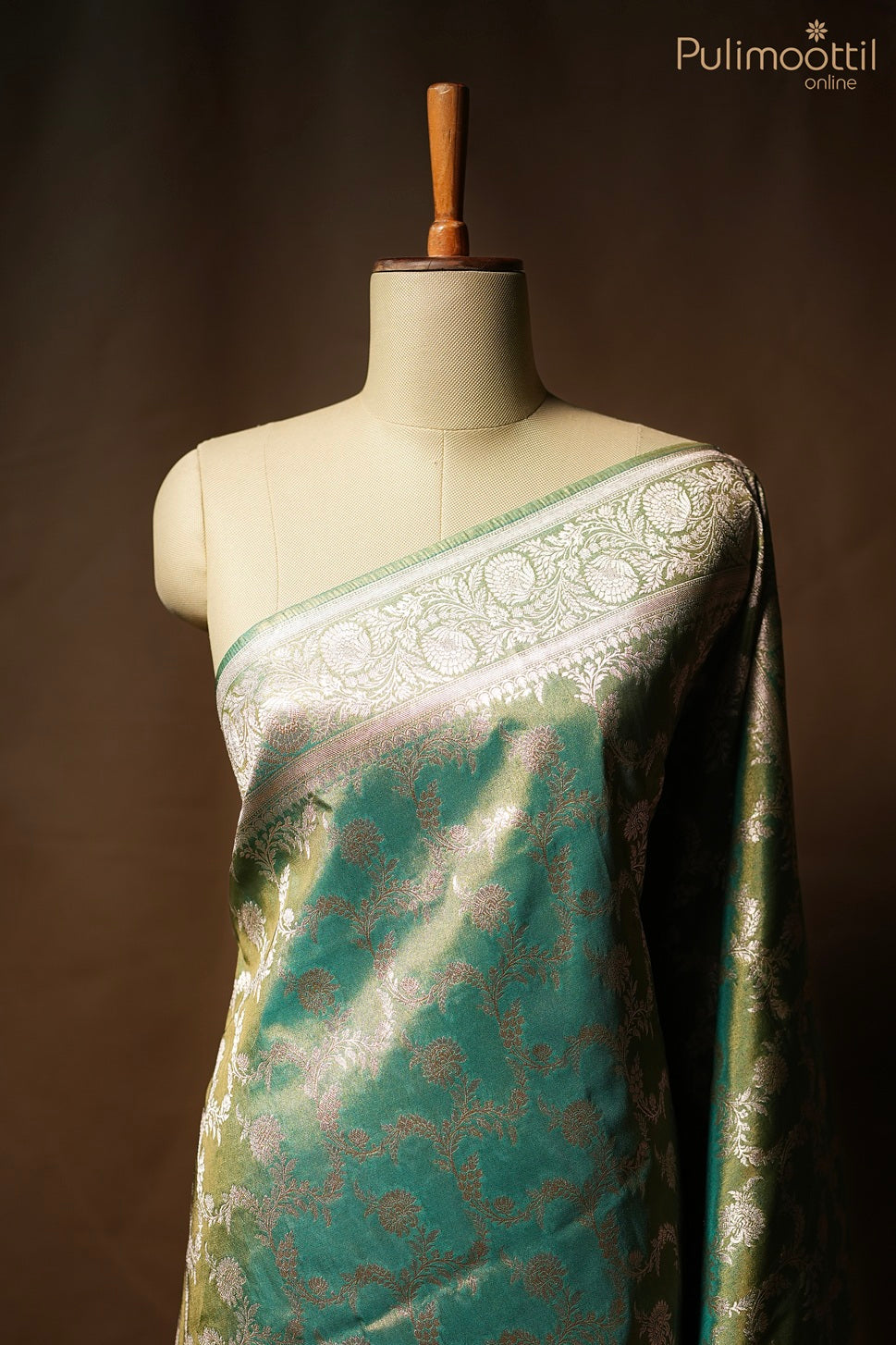 Dark blue green color golden tissue Banarasi saree