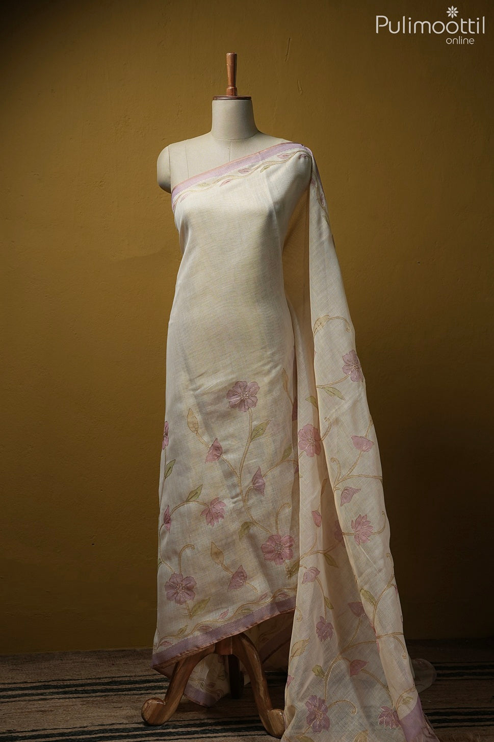 Kerala traditional golden tissue semi linen saree