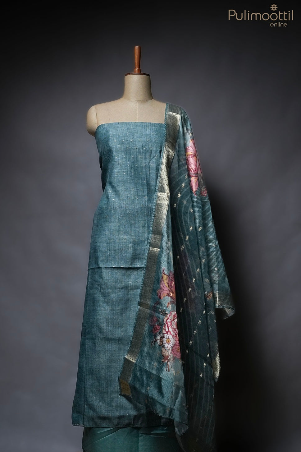 DARK PEACOCK GREEN SEMI CHANDERI UNSTITCHED SALWAR SET