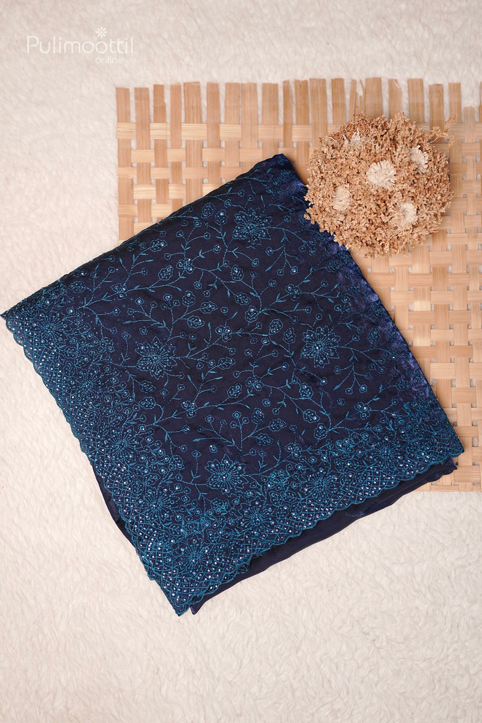 German Blue Colour  Velvet Organza Embroidey Saree