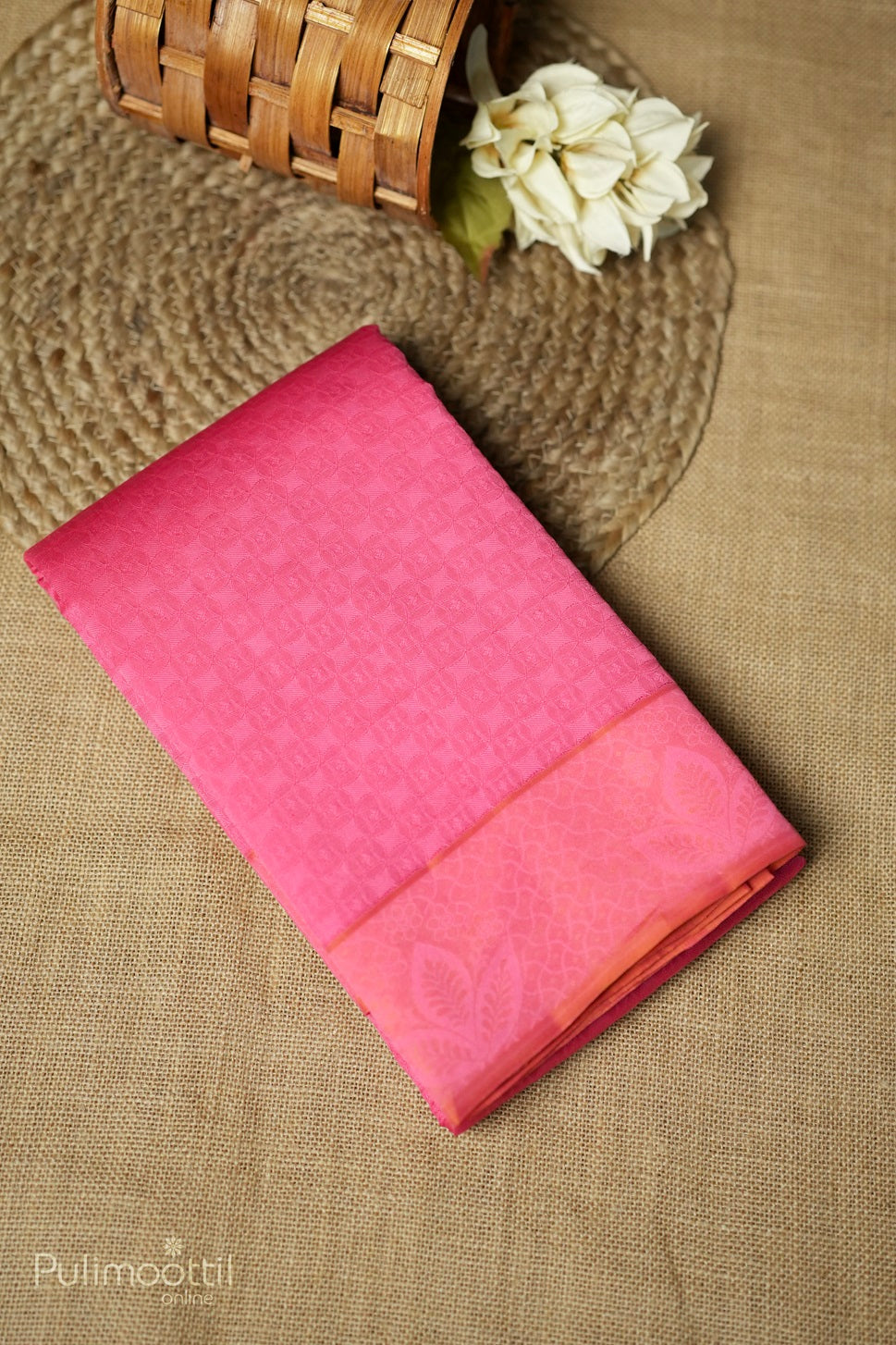 Peach pink-colored Kanchipuram self-print saree
