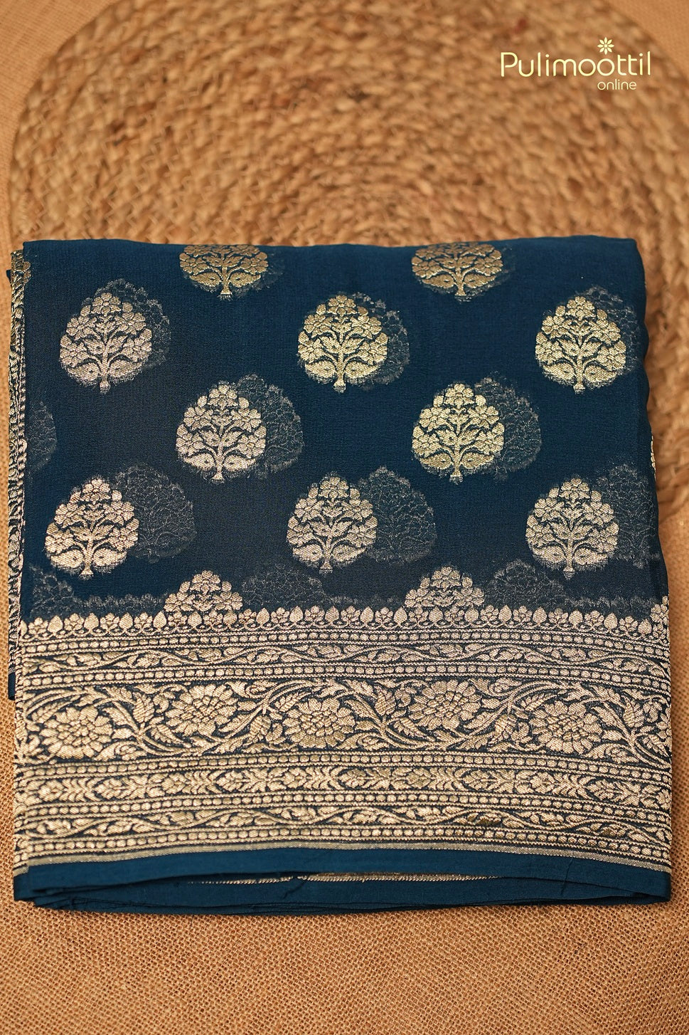 Dark Peacock Blue Colour Banarasi Saree