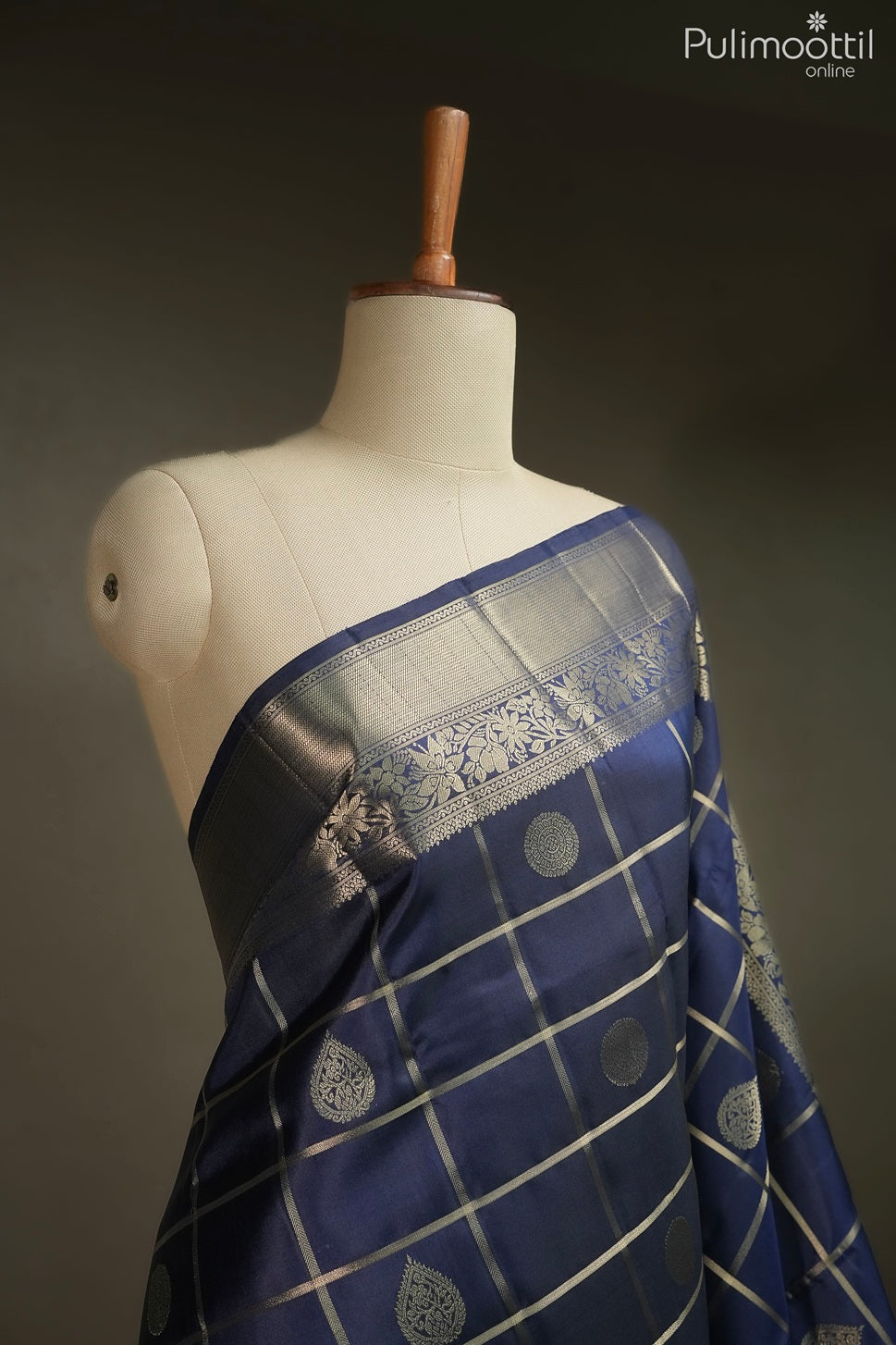 Dark blue color Kanchipuram designer saree
