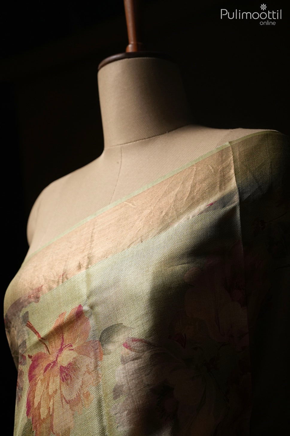 Pastel olive green color Tussar silk saree