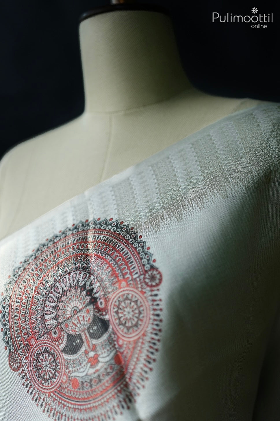 White golden tissue Theyyam print fancy saree