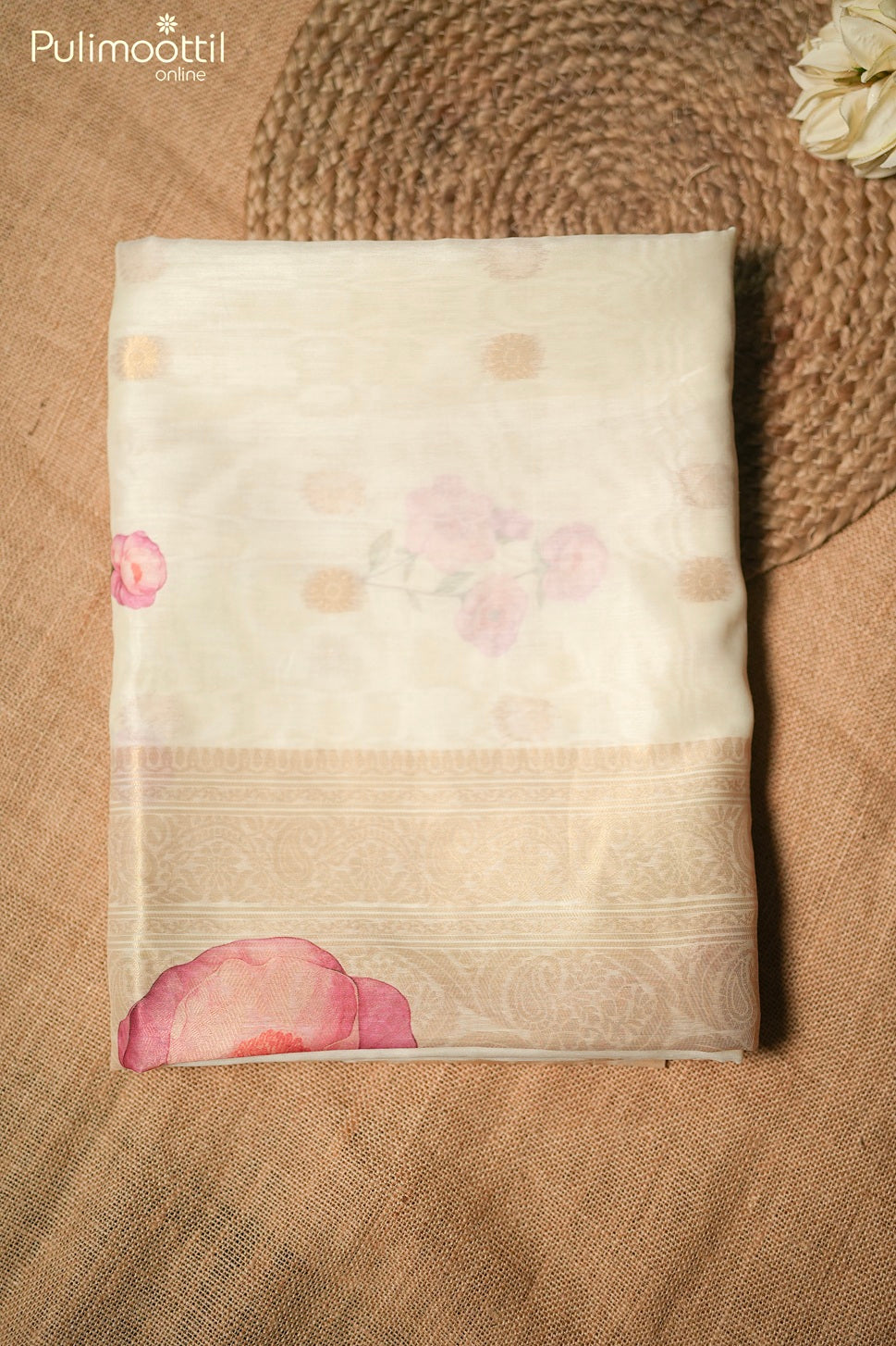 Cream color semi Chanderi printed saree