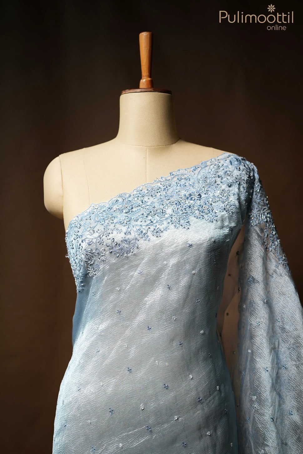 Blue grey color crushed organza fancy saree