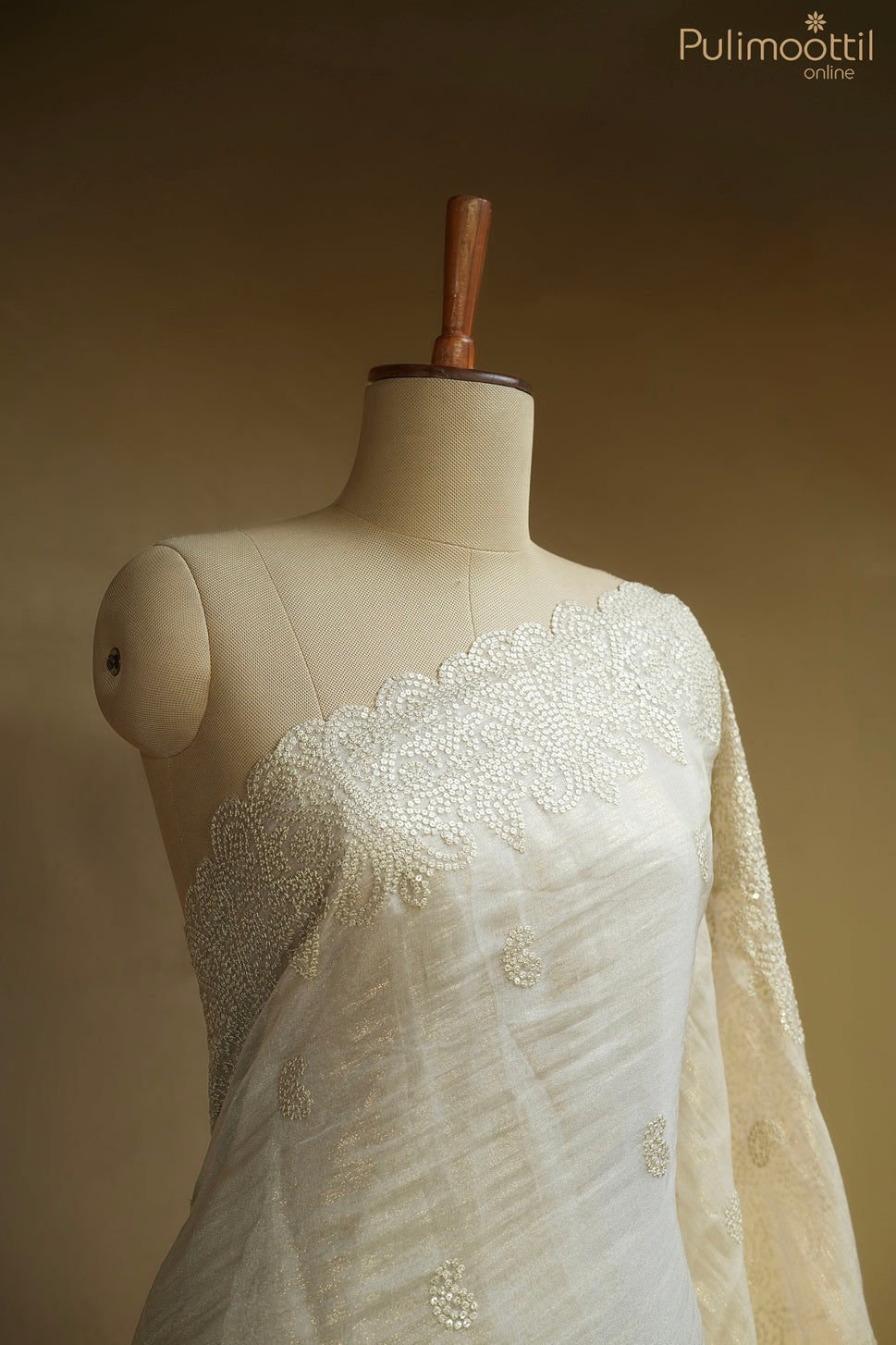 Pastel olive golden tissue crushed organza fancy saree