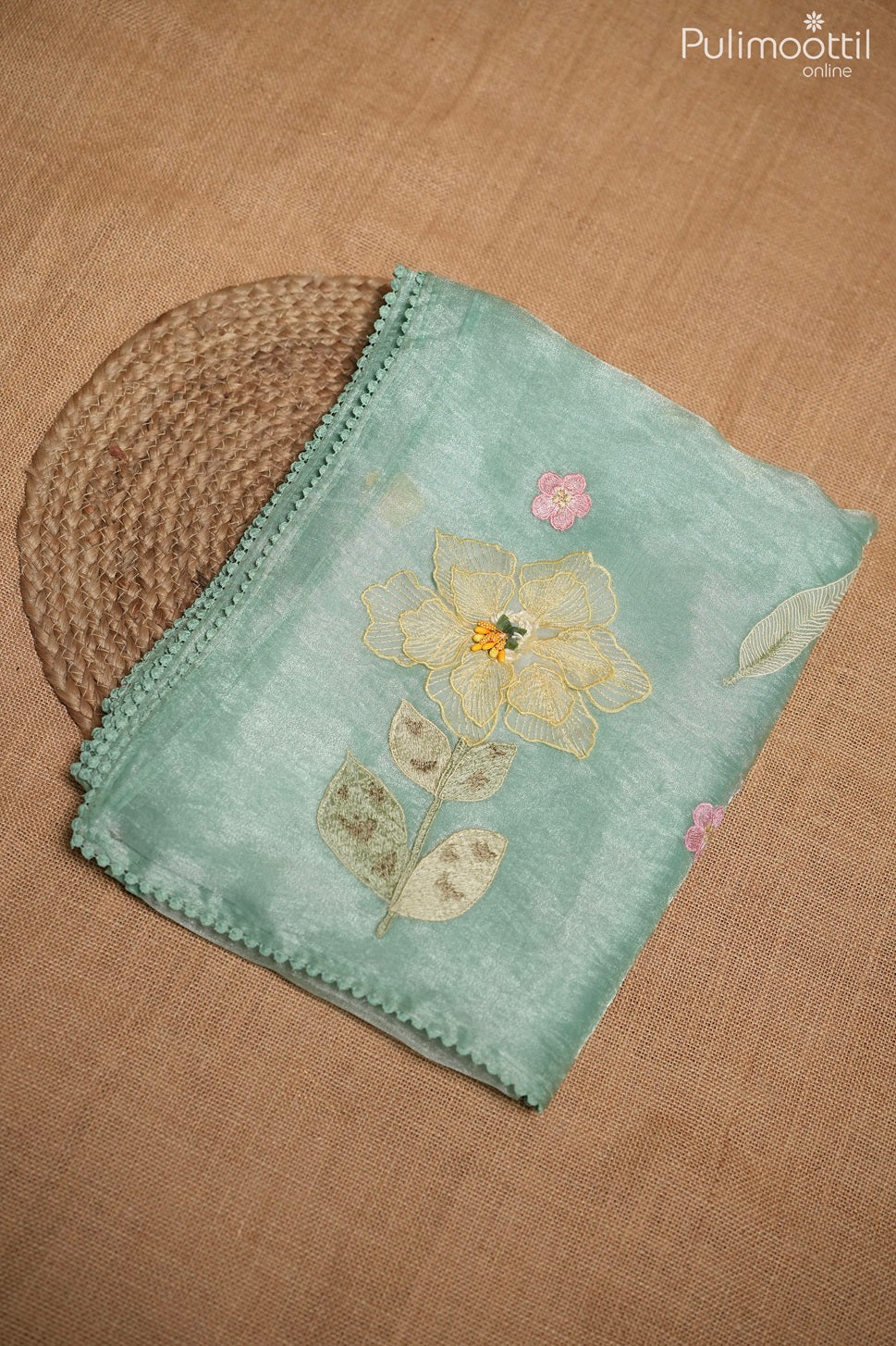 Mint blue color tissue organza fancy saree