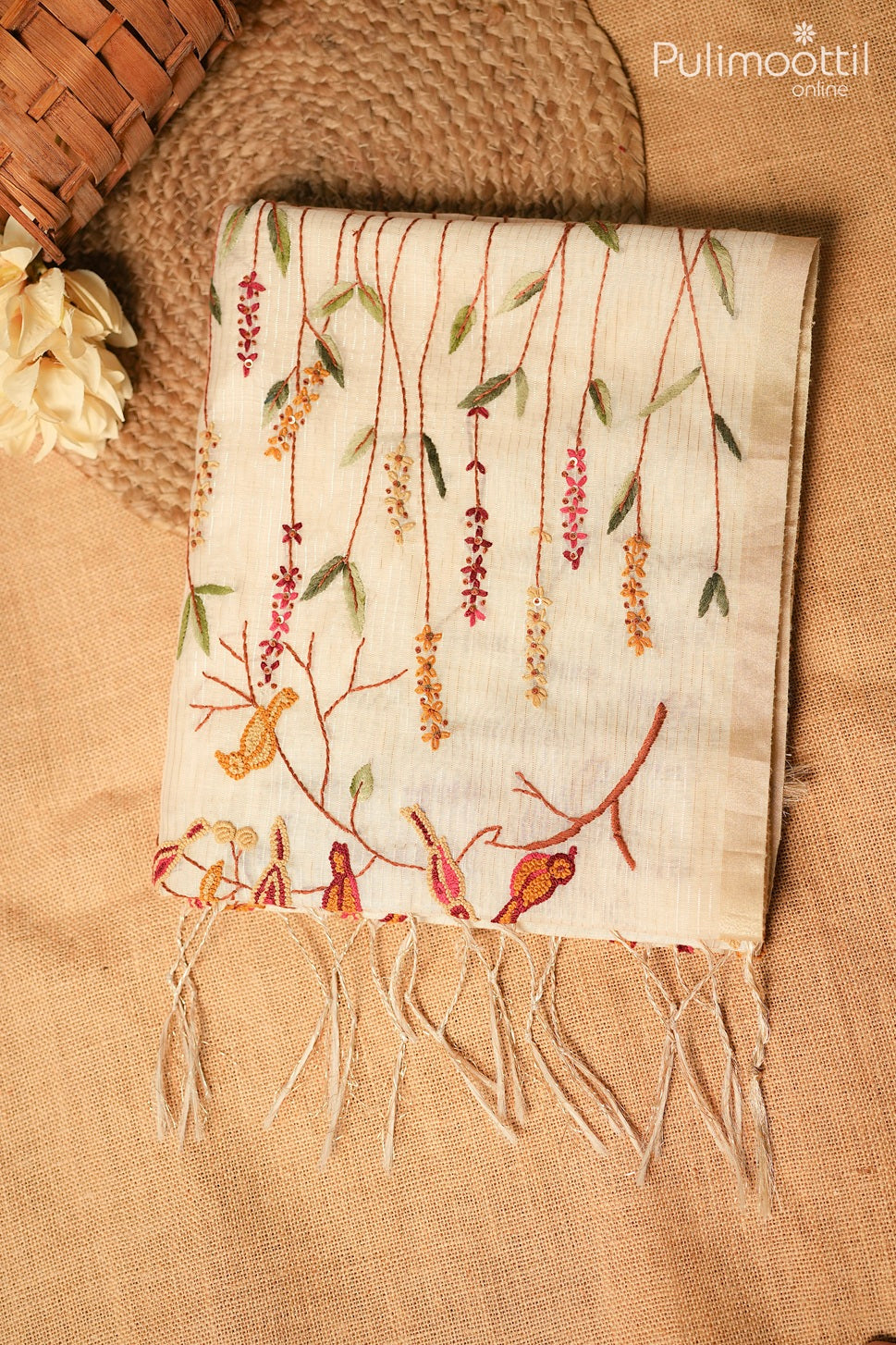 Off white color Chanderi hand embroidery saree