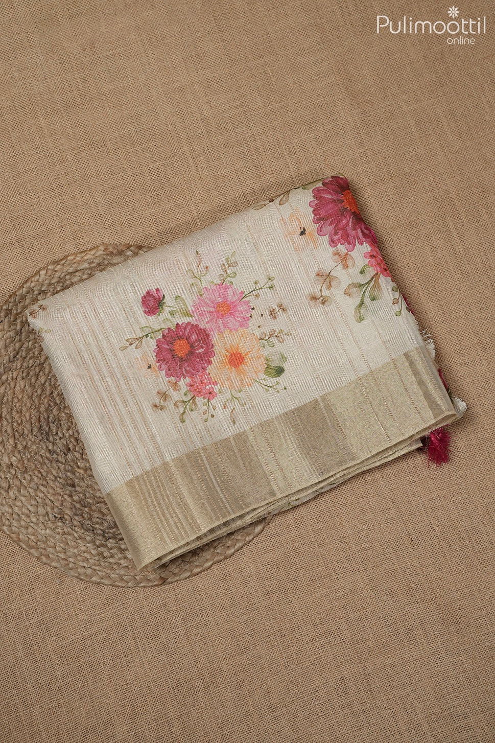 Kerala traditional golden tissue semi jute saree