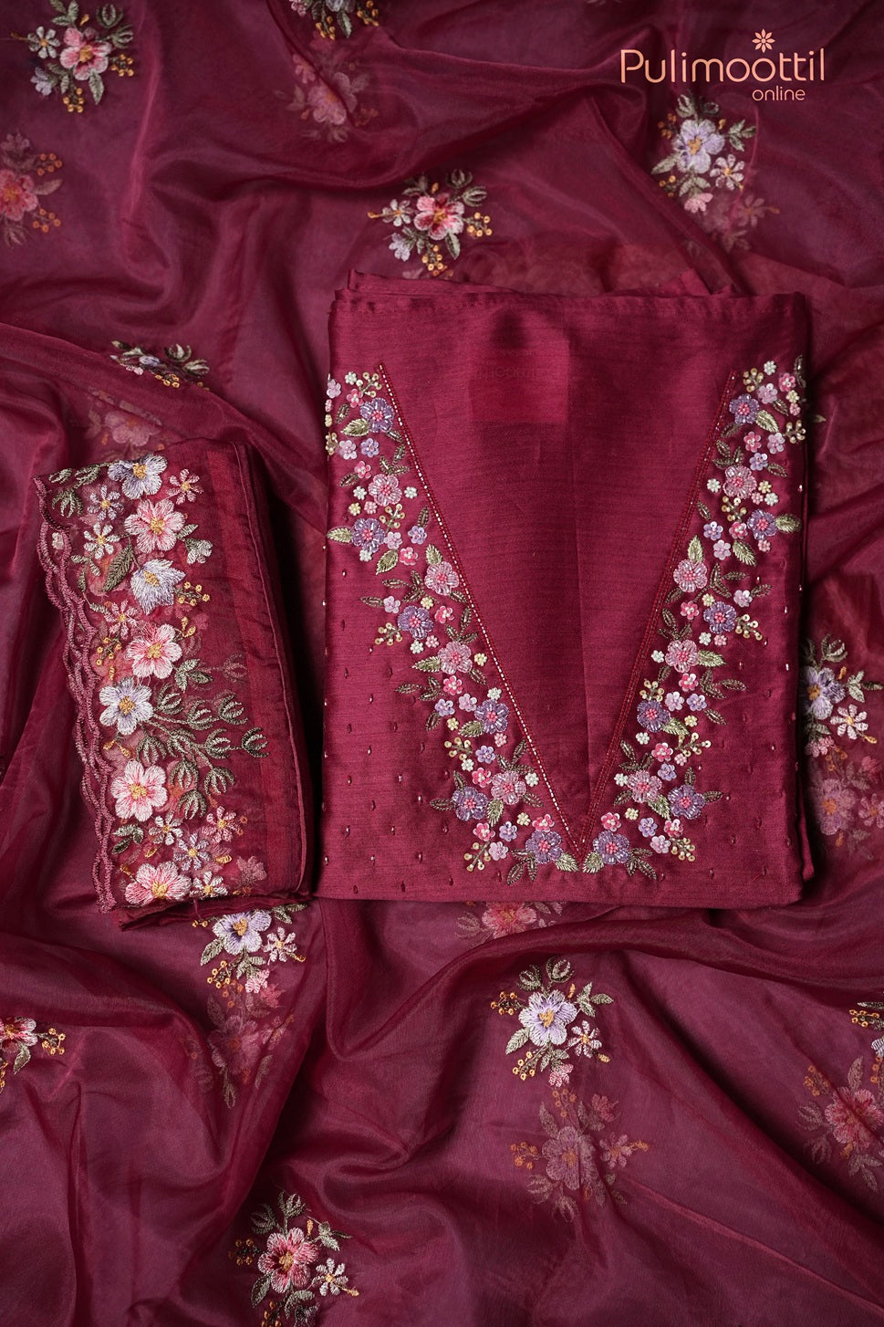 Maroon Chanderi Unstitched Salwar Set