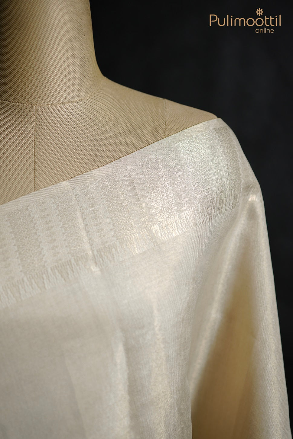 Close-up of golden tissue fancy saree on mannequin showing zari border and  body design
