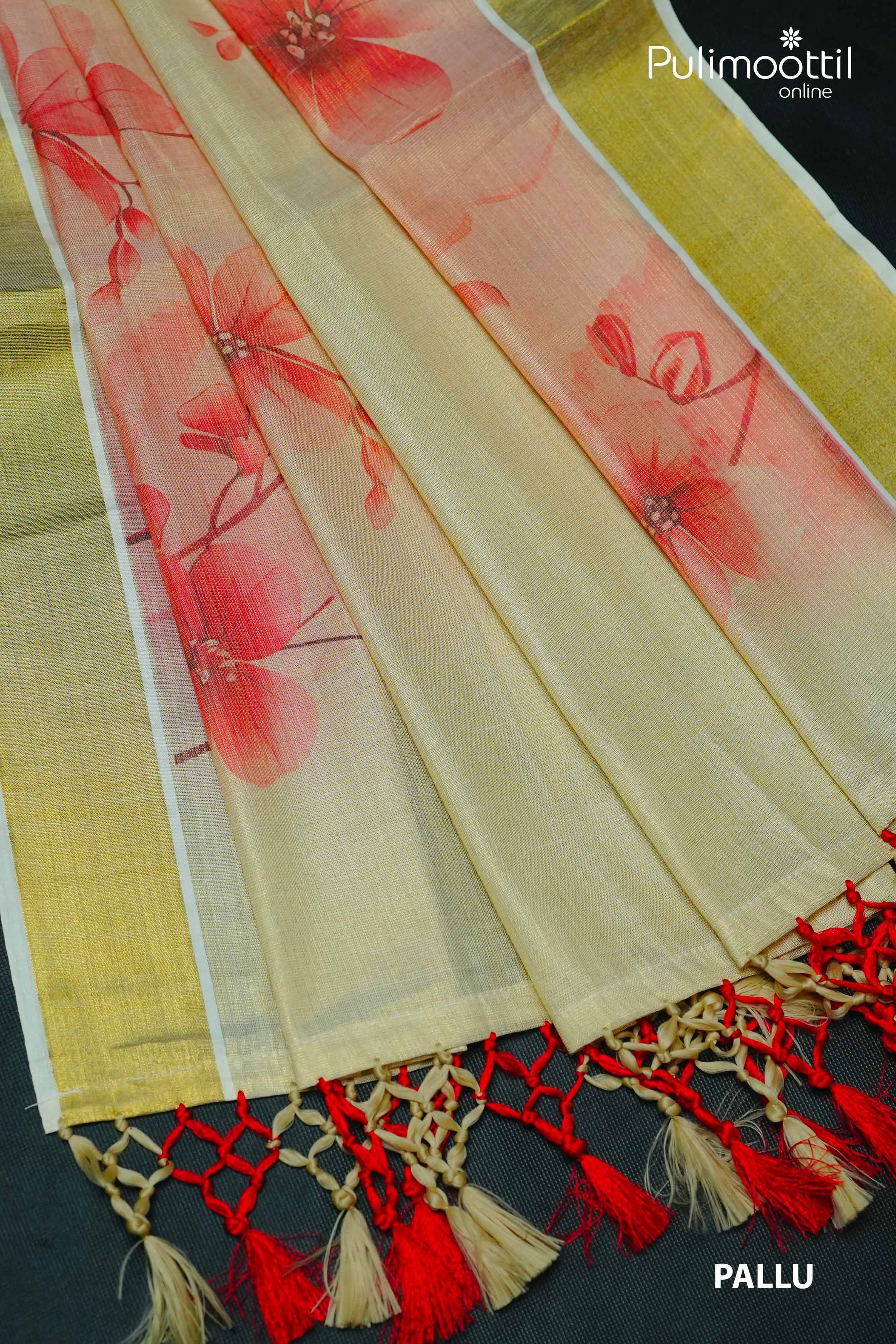 Golden tissue saree pallu with red floral print and handcrafted red-beige tassels – Pulimoottil Silks