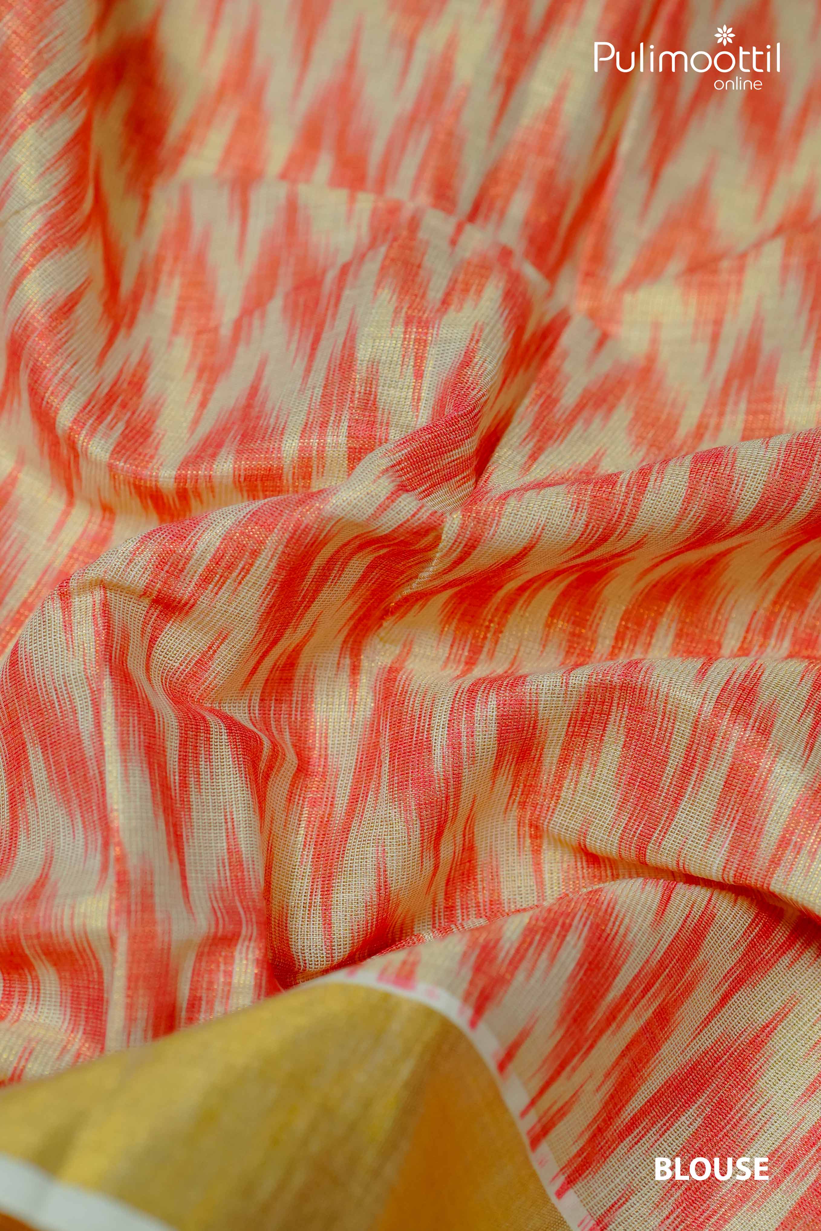 Blouse fabric of golden tissue saree featuring red ikat-inspired pattern on cream base – Pulimoottil Silks