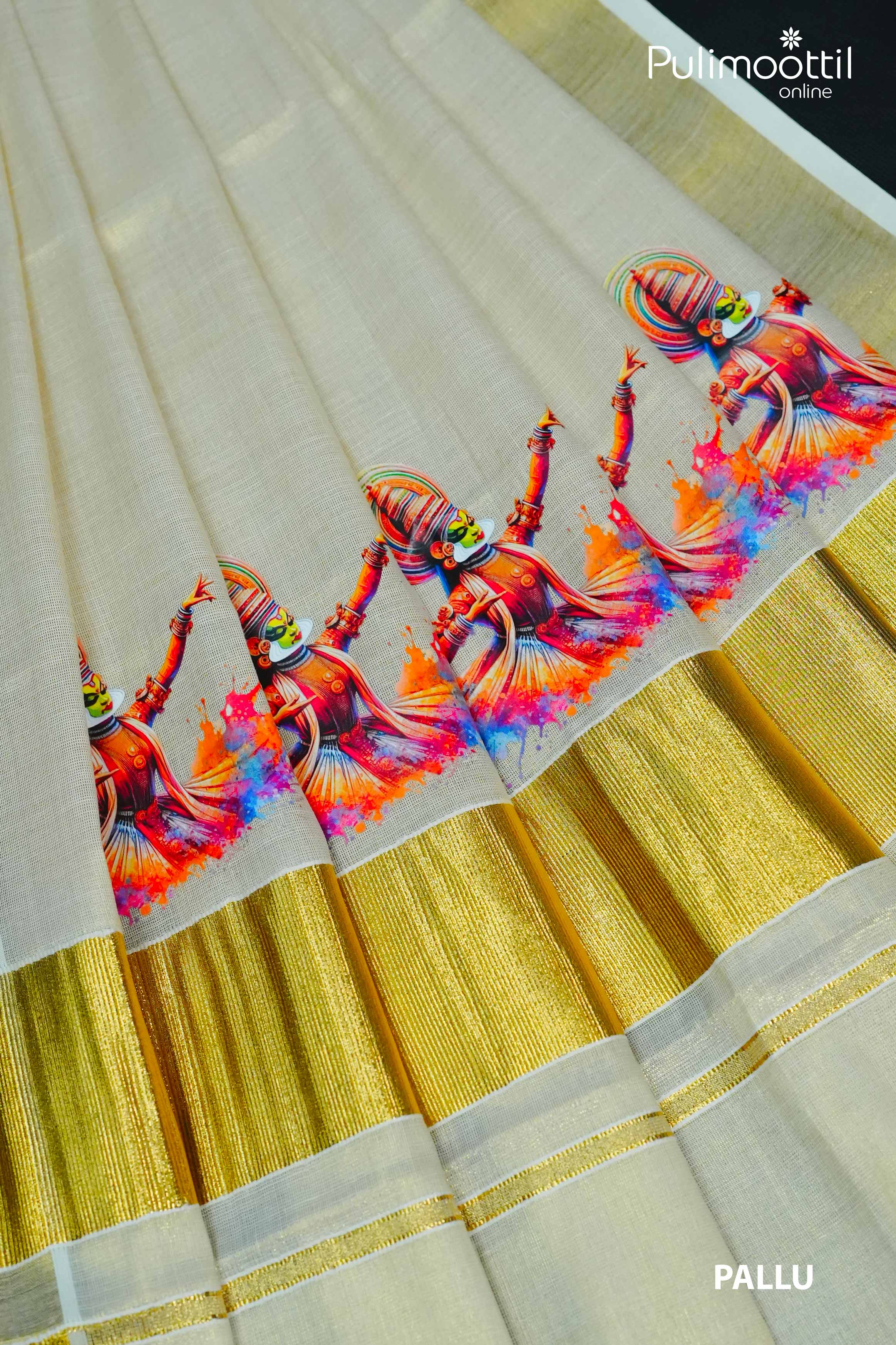 Cream‑gold Kerala tissue saree pallu with repeating vibrant Kathakali dancer digital prints above a shimmering golden kasavu border.