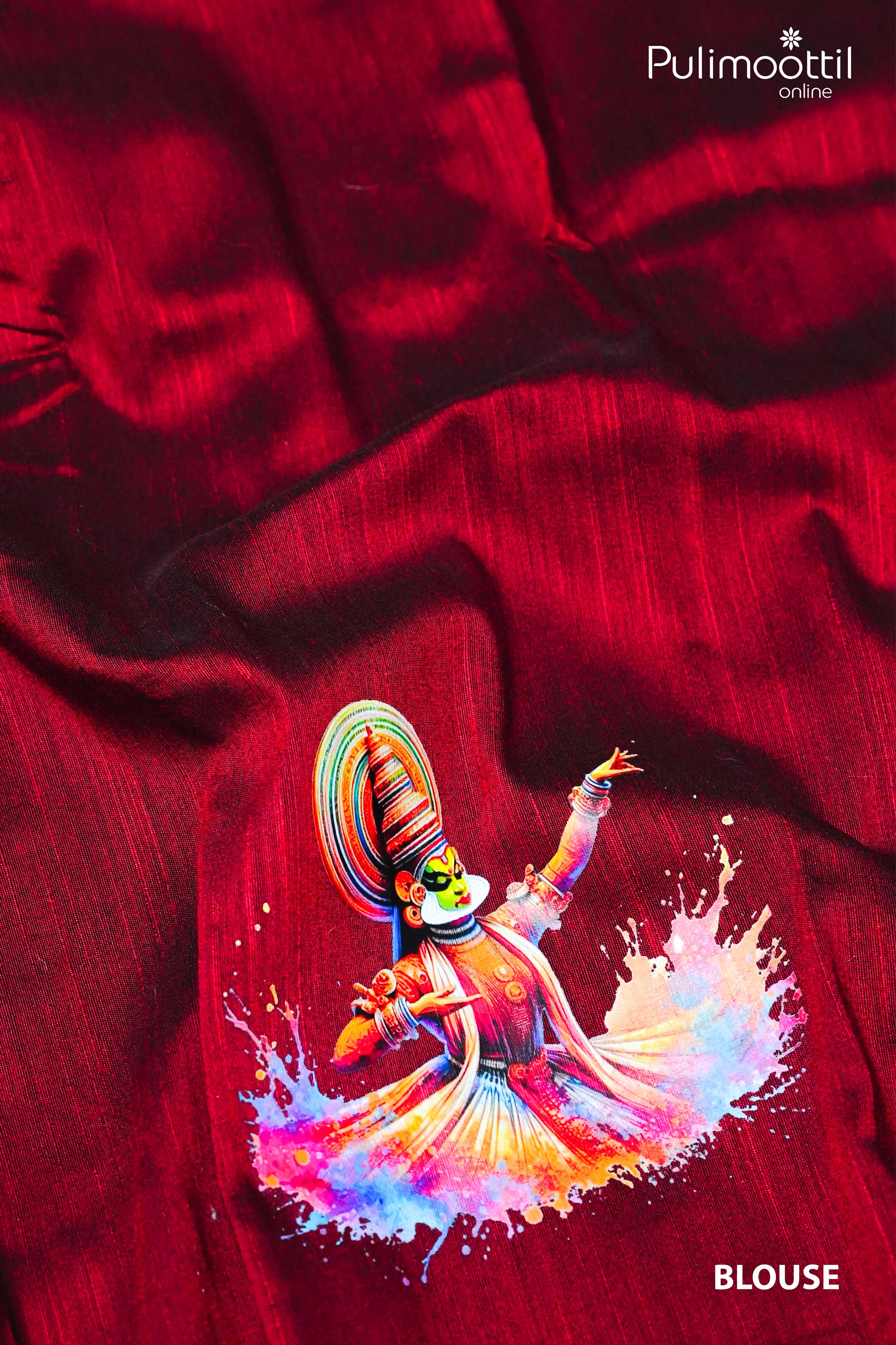 Deep maroon blouse piece showcasing vivid Kathakali dancer digital print on smooth tissue fabric.