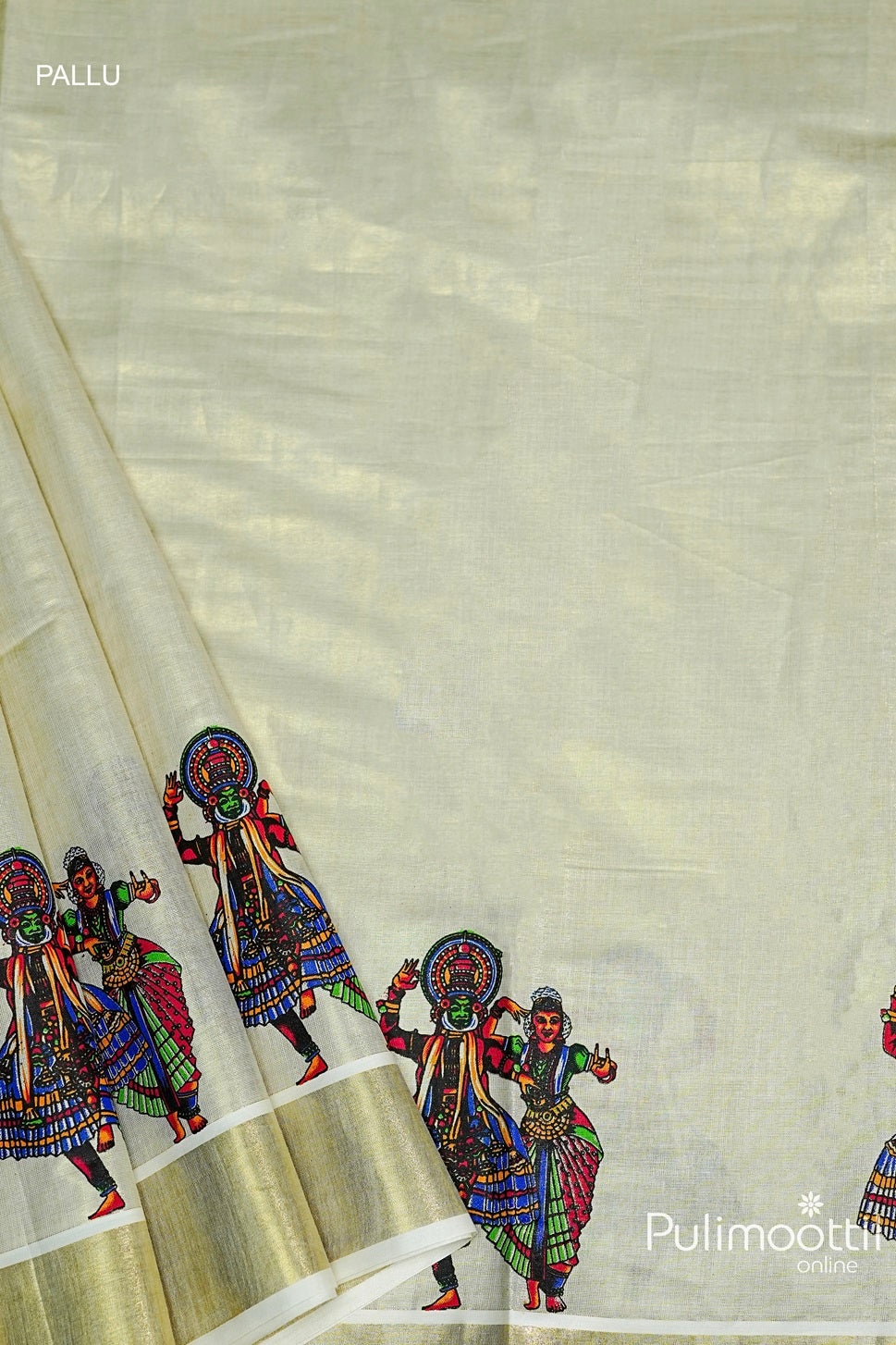 Golden Tissue Kerala Traditional Kathakali Mural Print Saree pallu featuring colorful Kathakali dancers and a golden tissue border.