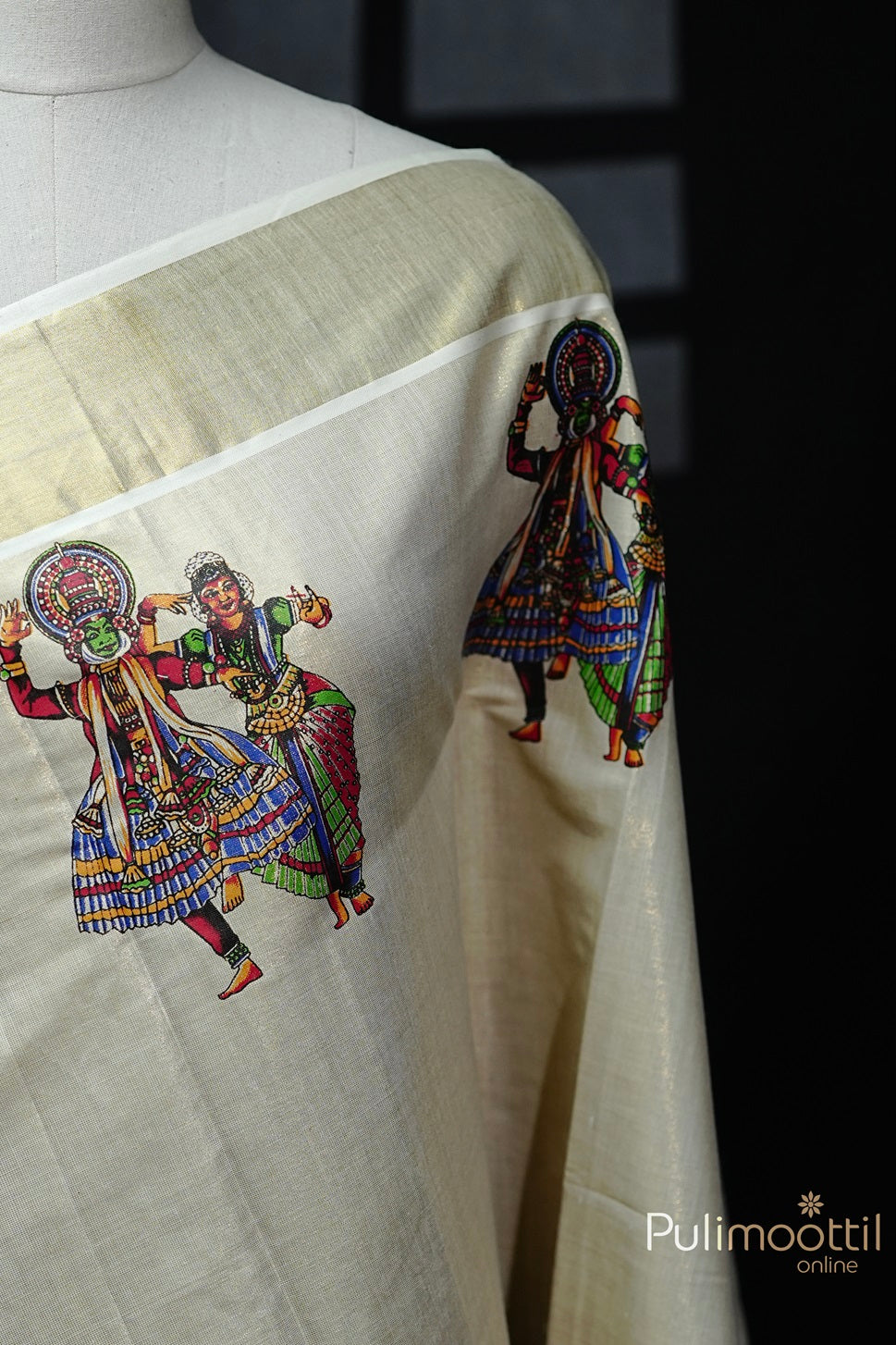 Golden Tissue Kerala Traditional Kathakali Mural Print Saree draped with colorful Kathakali dancers on the pallu and a lustrous golden tissue border.