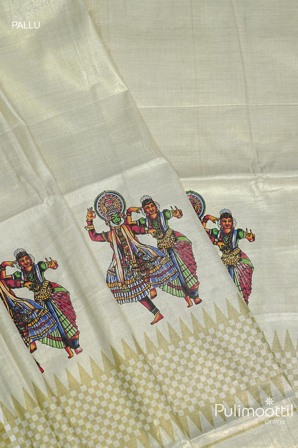 Golden Tissue Kerala Kathakali Mural Print Saree pallu featuring Kathakali dancers with a golden tissue border and geometric design.