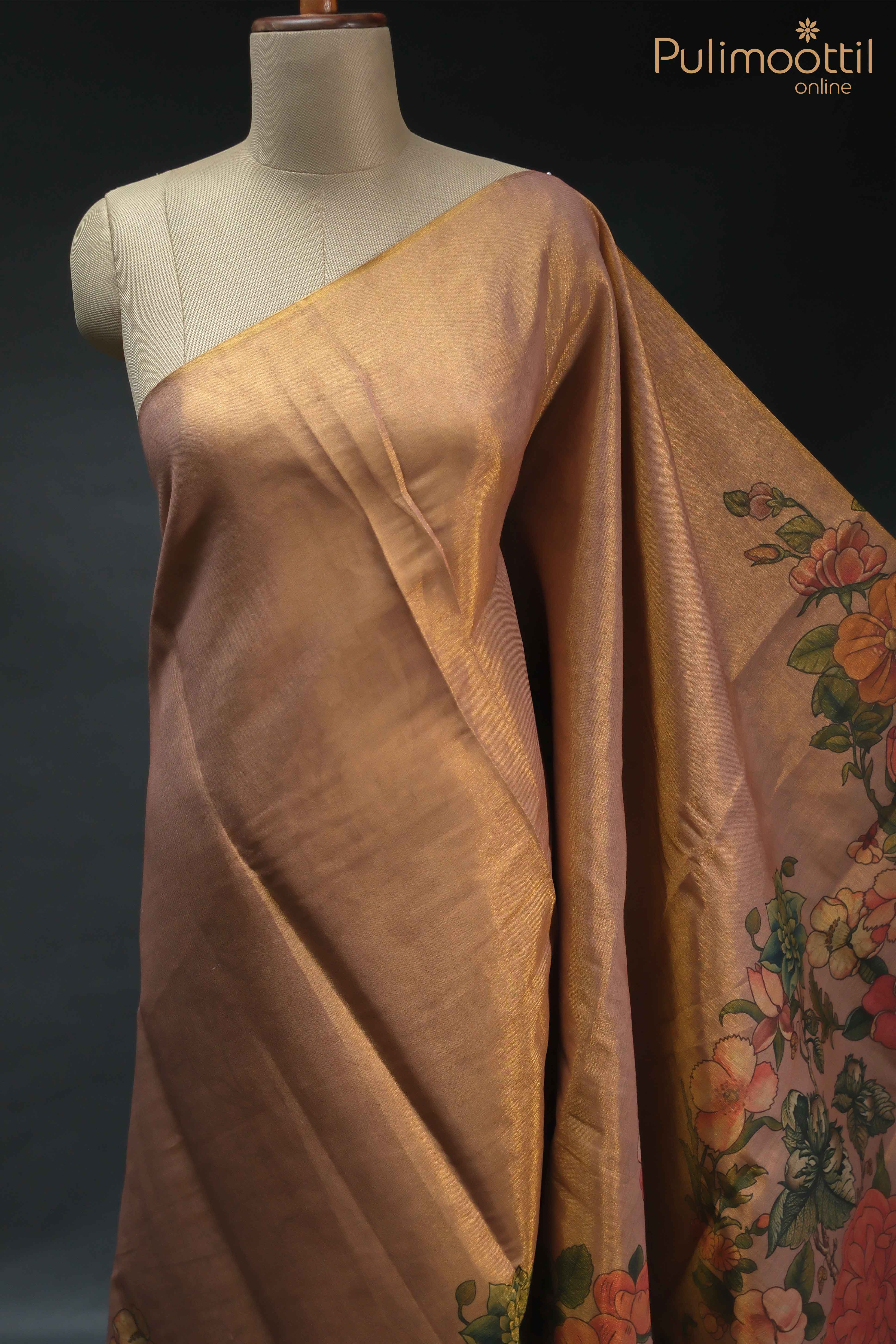 Golden Tissue Onam Kerala Traditional Set Saree with one side floral digital print, without border.