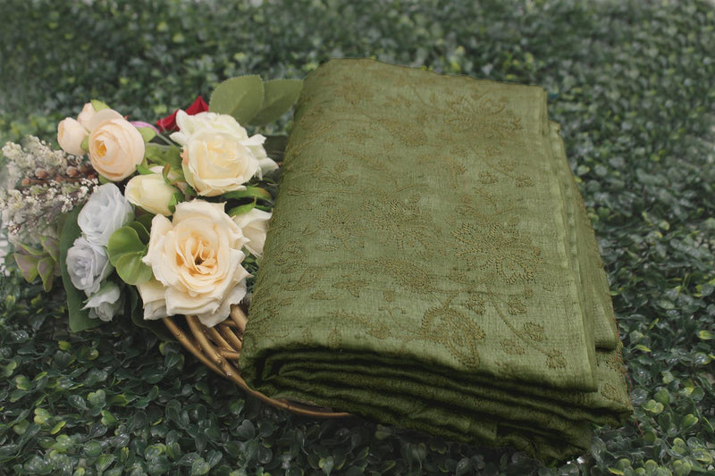 Dry Grass Green Colour, Tussar Silk Saree