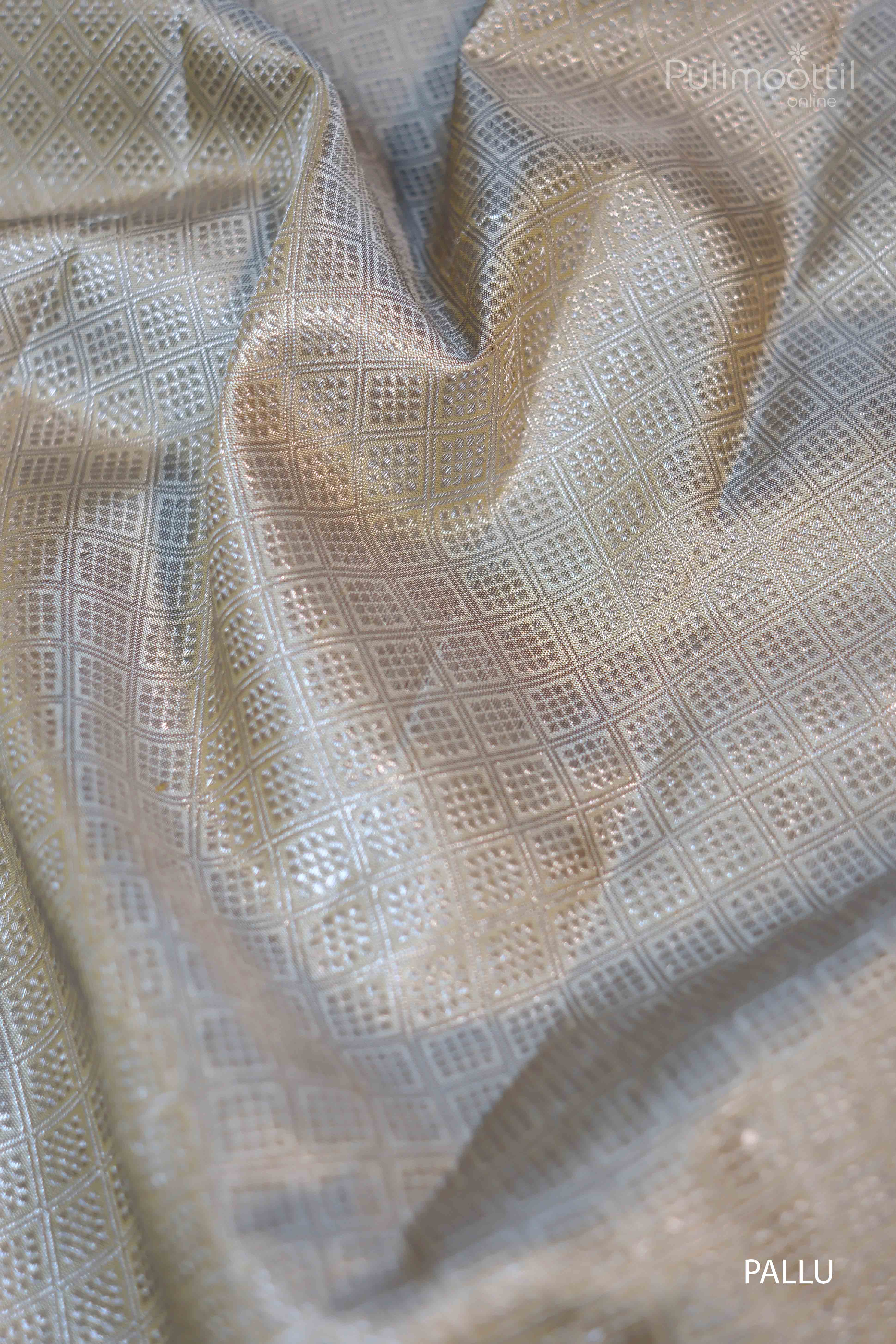 Close-up of ivory Kanchipuram silk saree pallu with intricate diamond and threadwork detailing."
