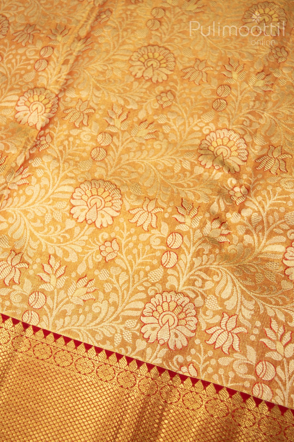 Kanchipuram tissue silk saree with golden zari floral and leaf motifs, red highlights, and traditional contrast border design
