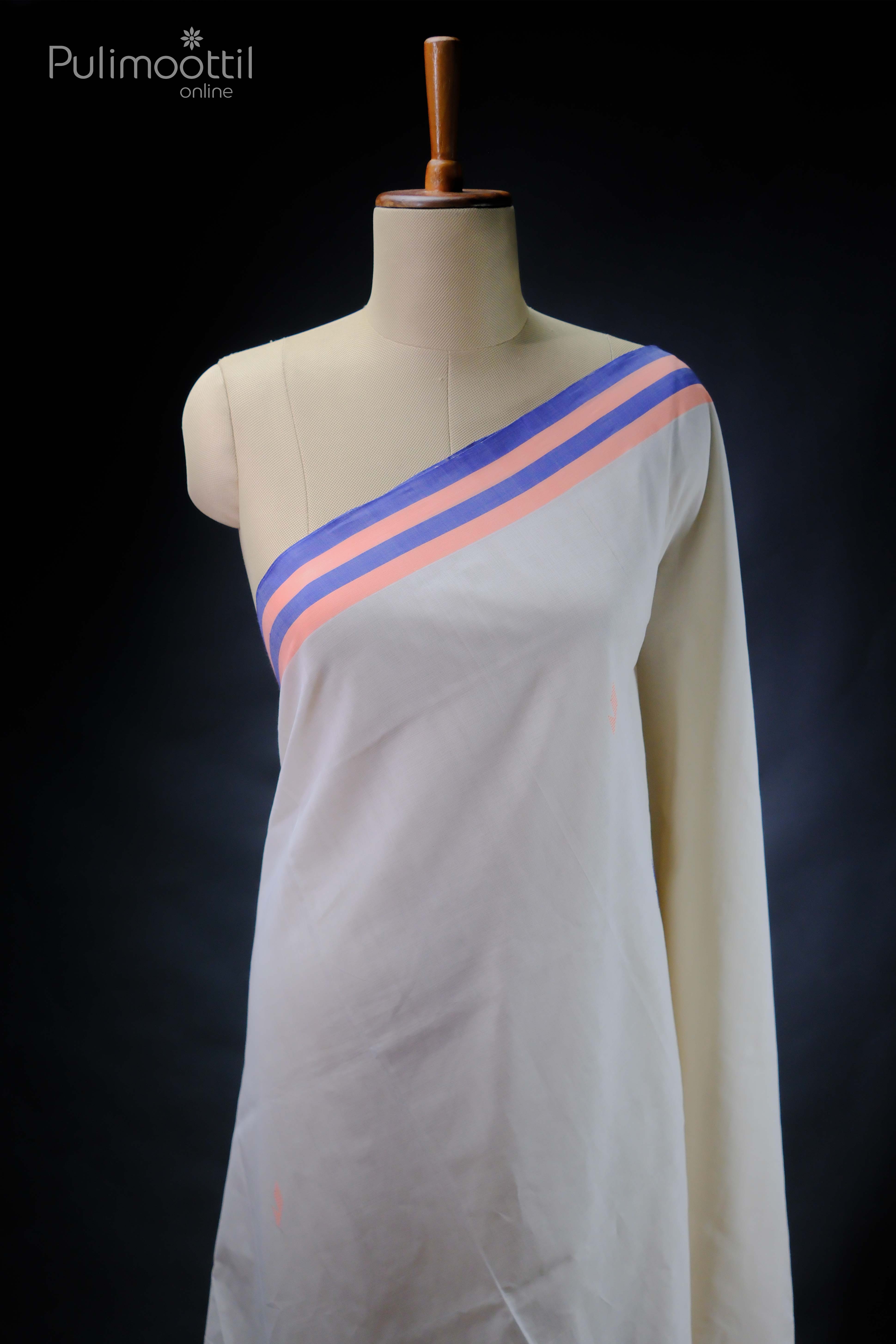 Kerala traditional Onam set saree displayed on mannequin with mixed thread work and elegant blue and peach striped border on off-white fabric

