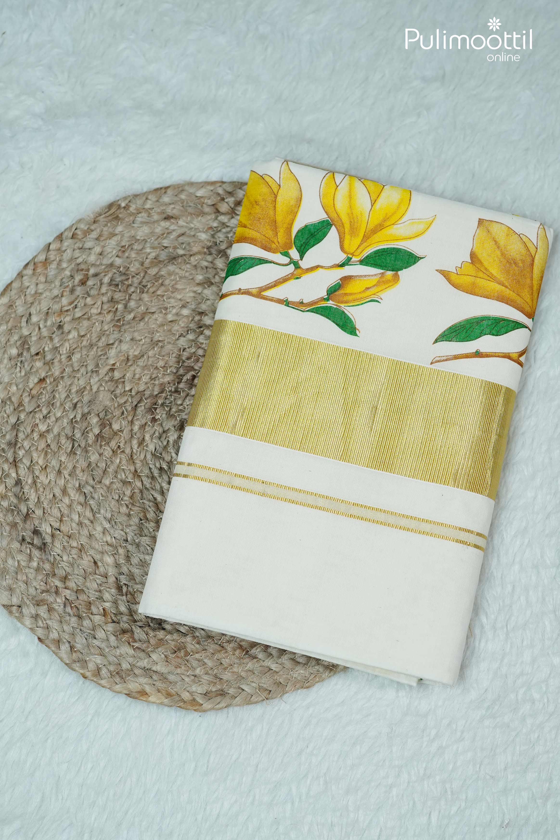 Folded off white Kerala saree with yellow floral print and golden tissue border on mat