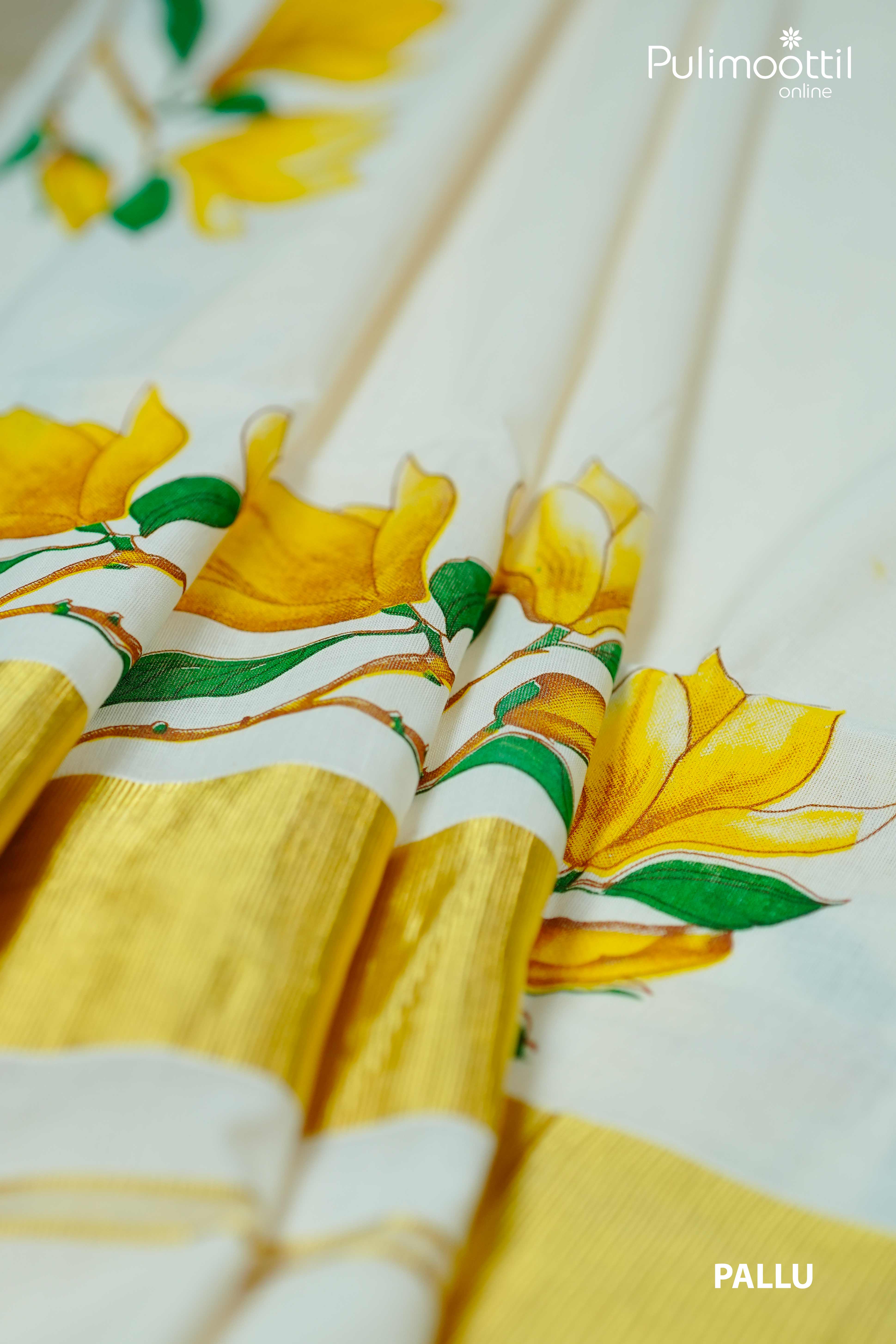 Close-up of Kerala saree pallu with yellow floral print and golden tissue border