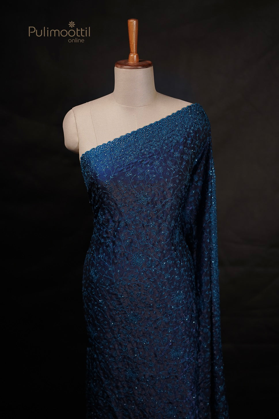 German Blue Colour  Velvet Organza Embroidey Saree