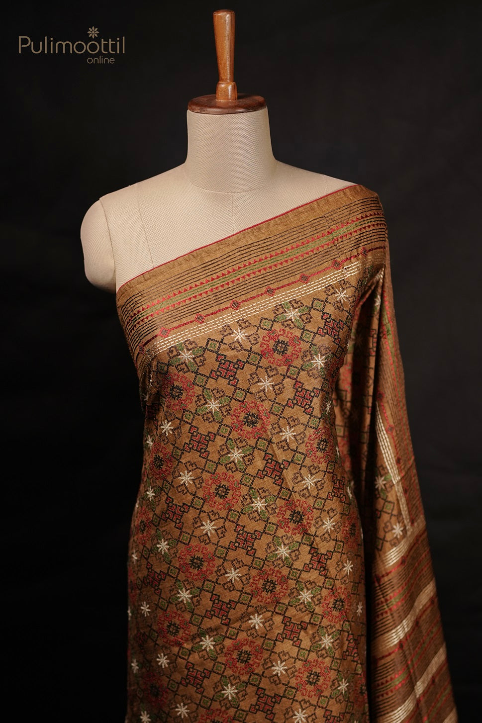 Chickoo Colour Semi Tussar Kantha Work Embroidery Saree