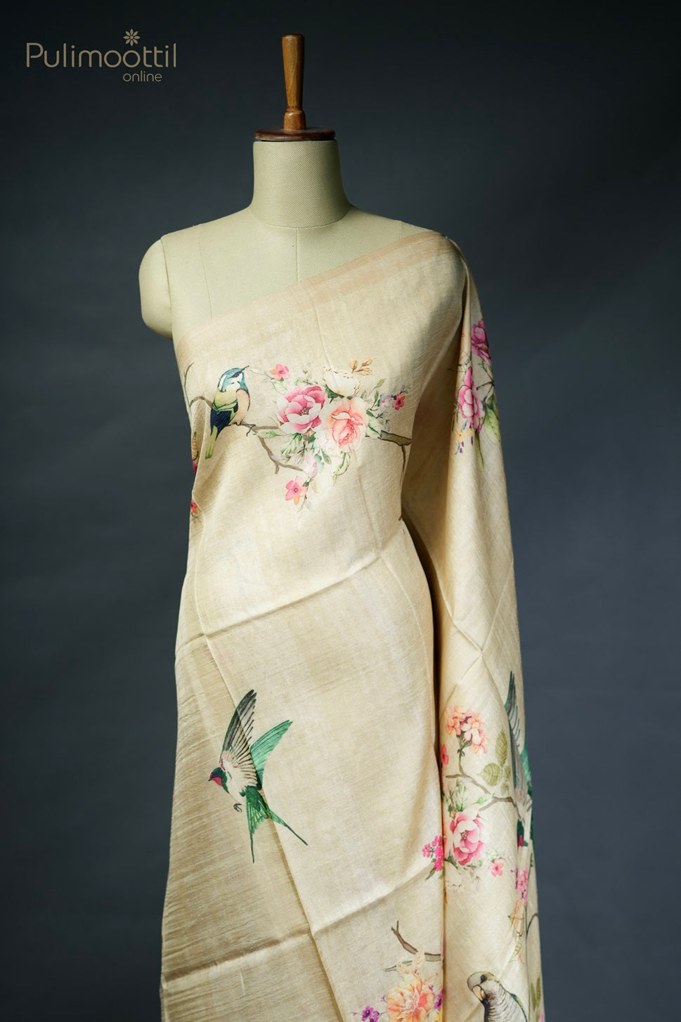 Light chickoo-colored printed Tussar silk saree