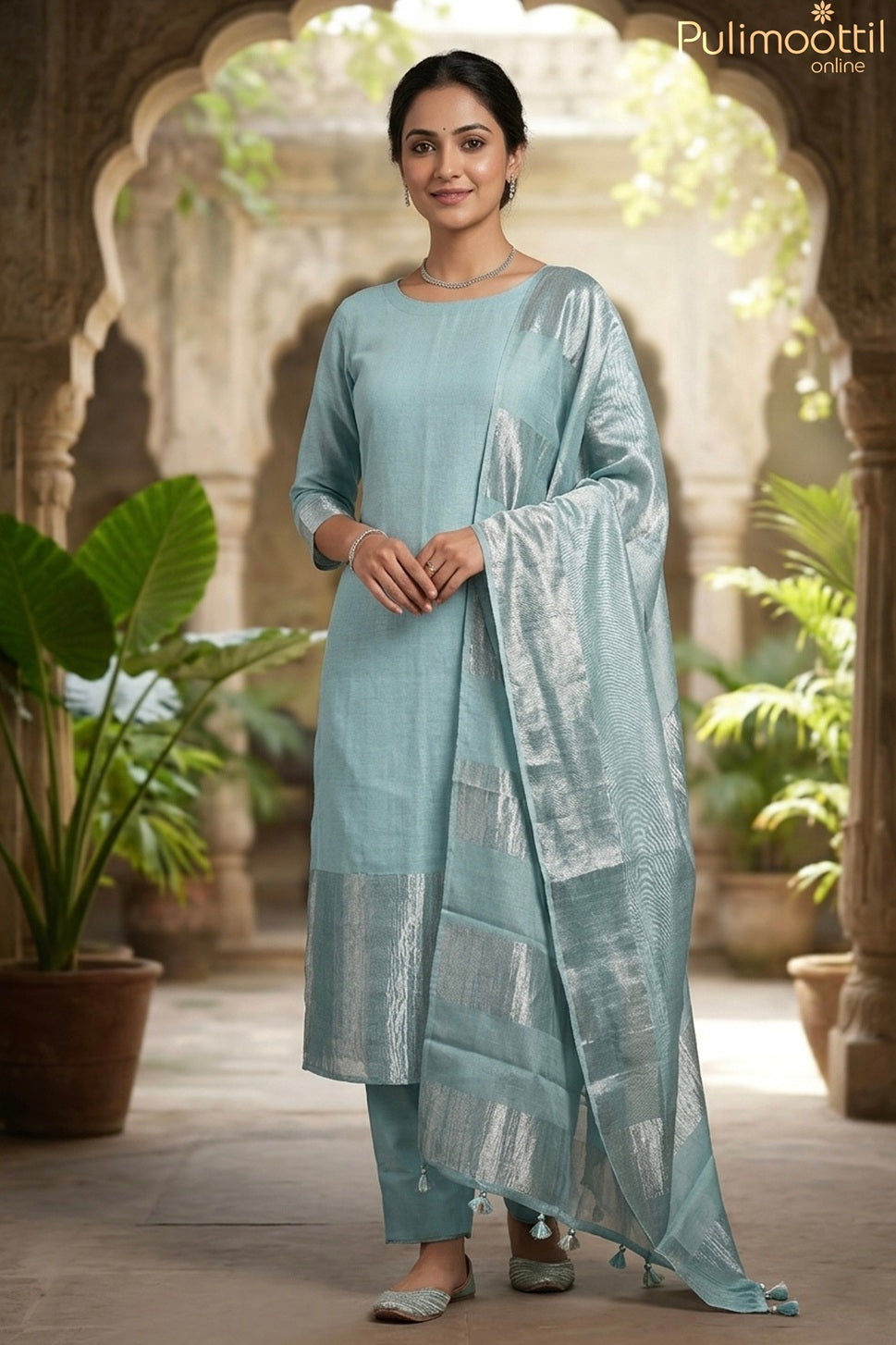 Powder Blue Chanderi Unstitched Salwar Set