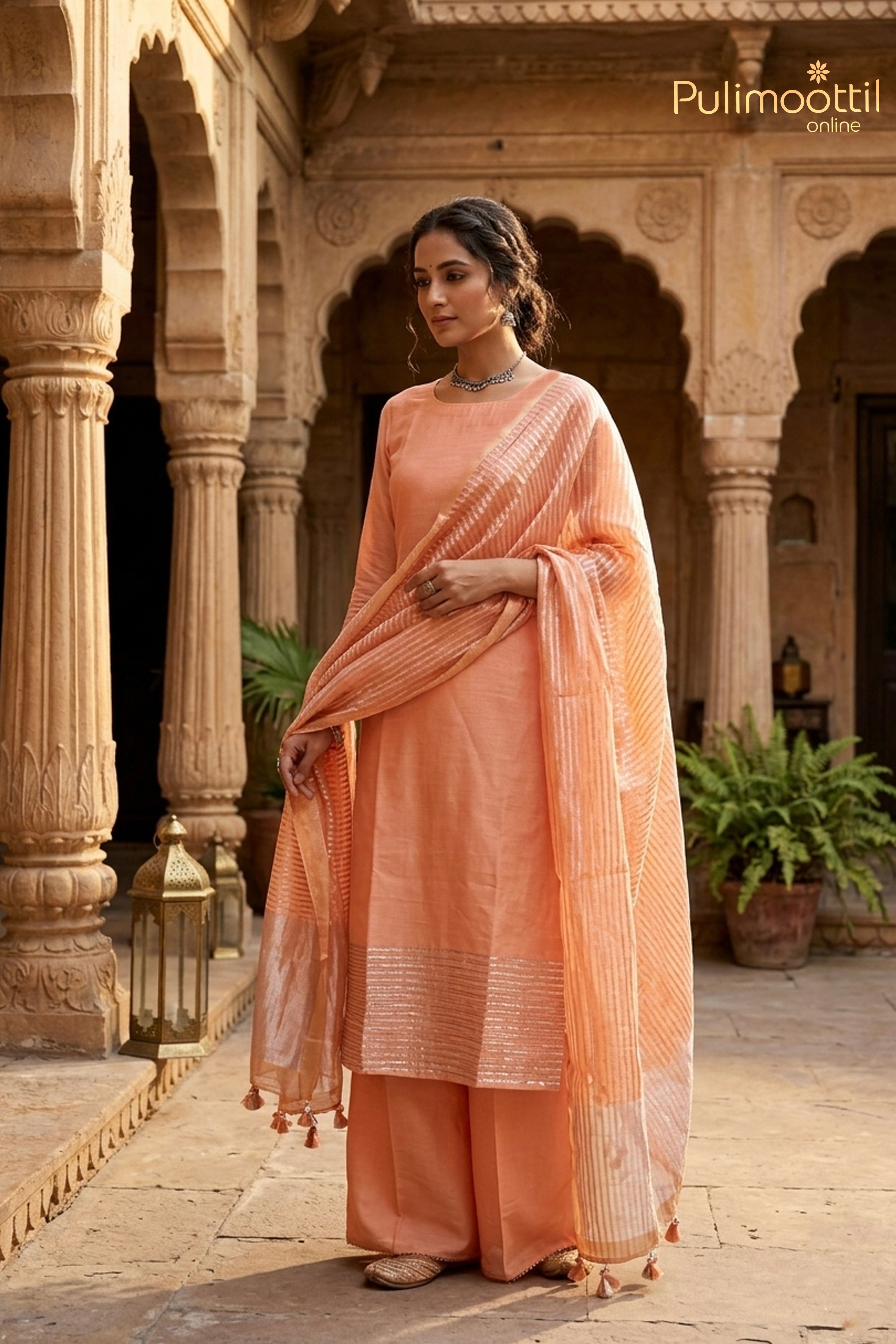 Carrot Peach Chanderi Unstitched Salwar Set