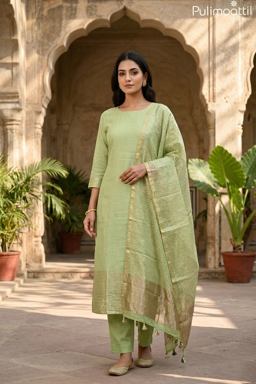 Pista Green Chanderi Unstitched Salwar Set