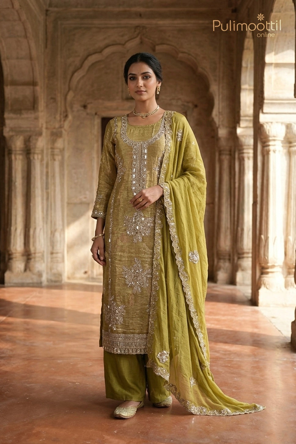 Light Olive Green Crushed Organza Unstitched Salwar Set