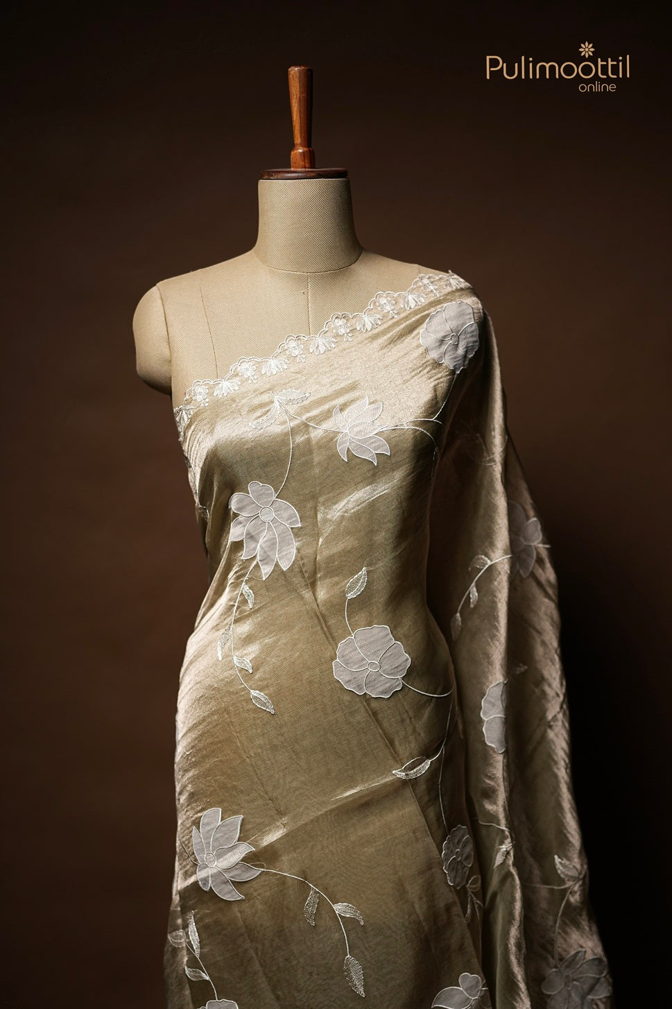Pastel Olive Green Colour Golden Tissue Organza Saree