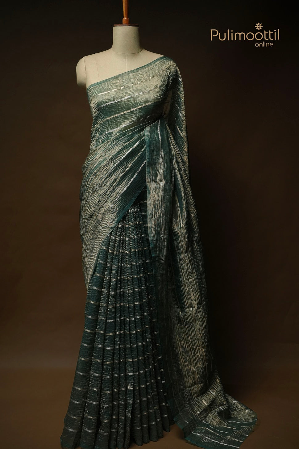 Bottle Green Colour Crushed Organza Fancy Saree