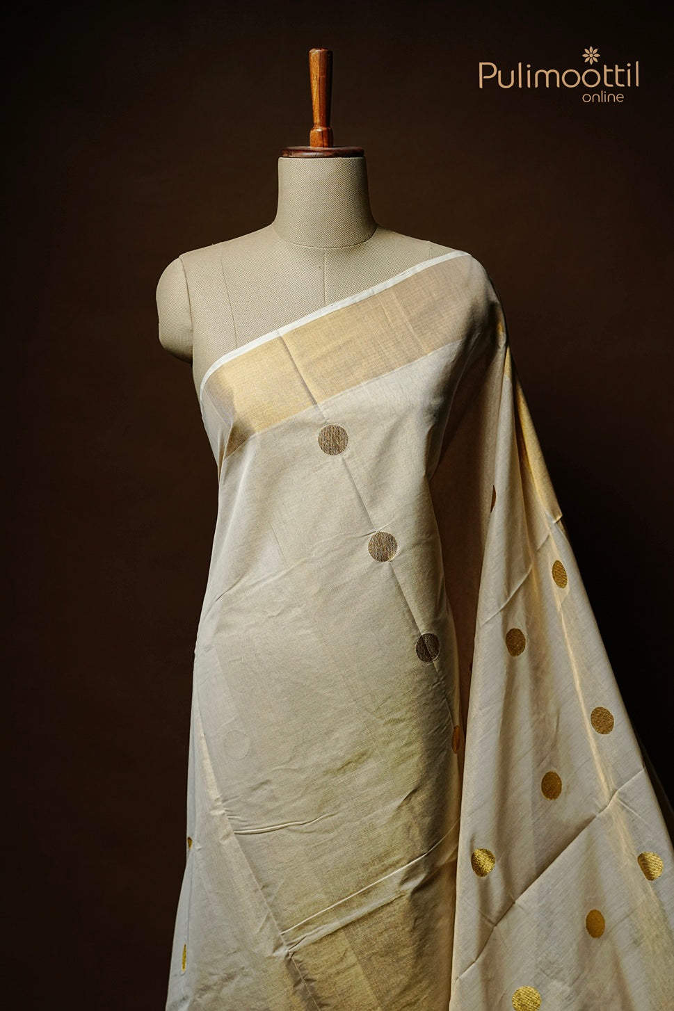 Kerala Traditional Golden Tissue Polka Dots Handloom Set Saree