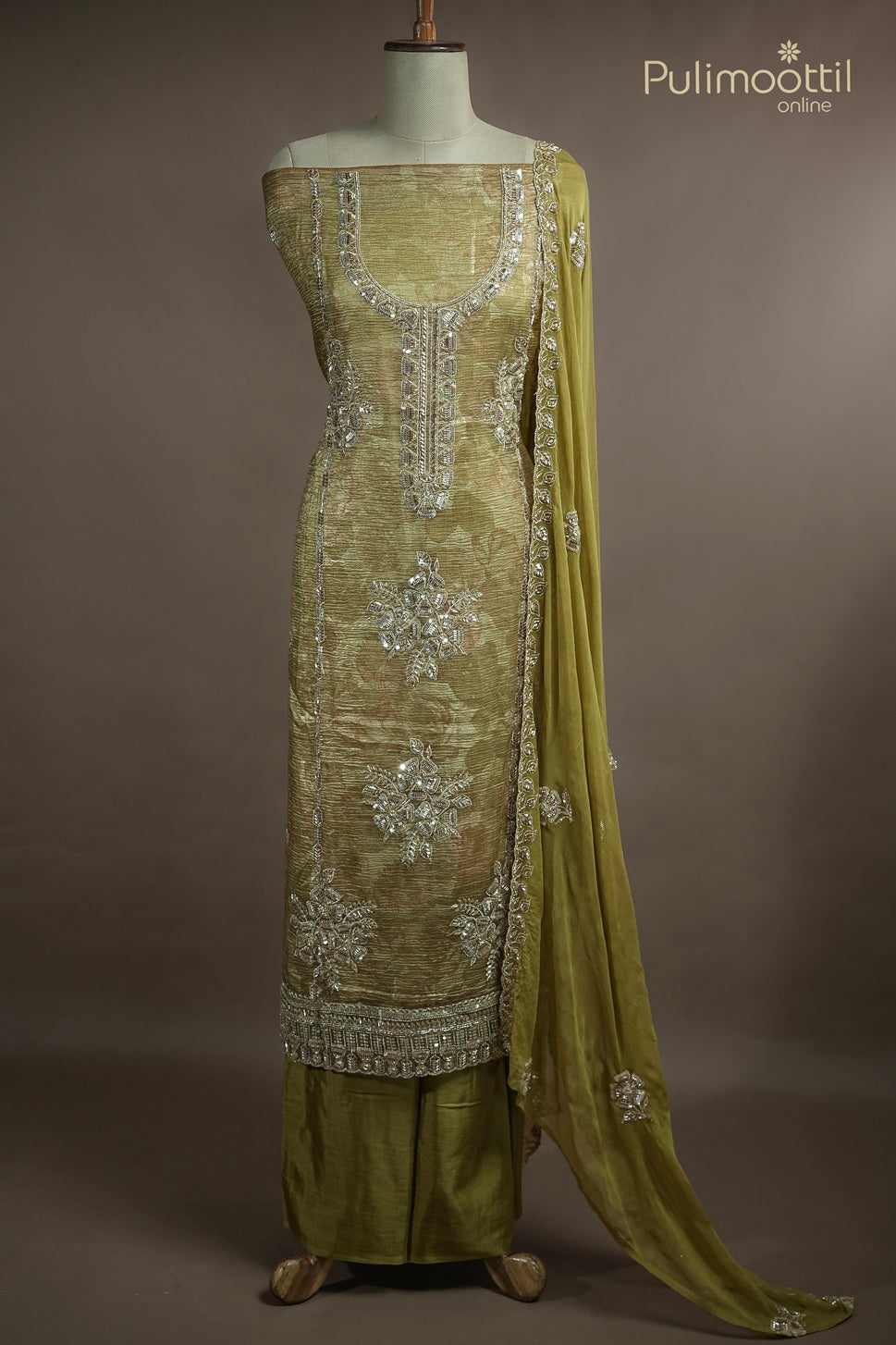 Light Olive Green Crushed Organza Unstitched Salwar Set