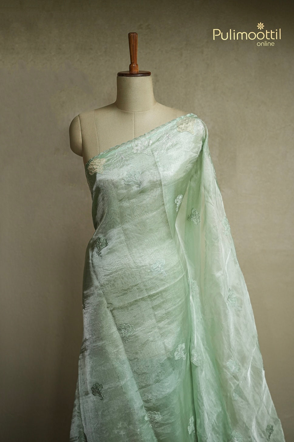 Pista Green Colour Rose Gold Tissue Organza Saree