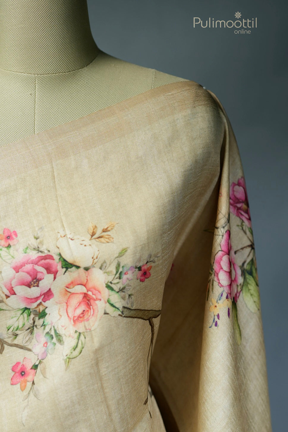 Light chickoo-colored printed Tussar silk saree