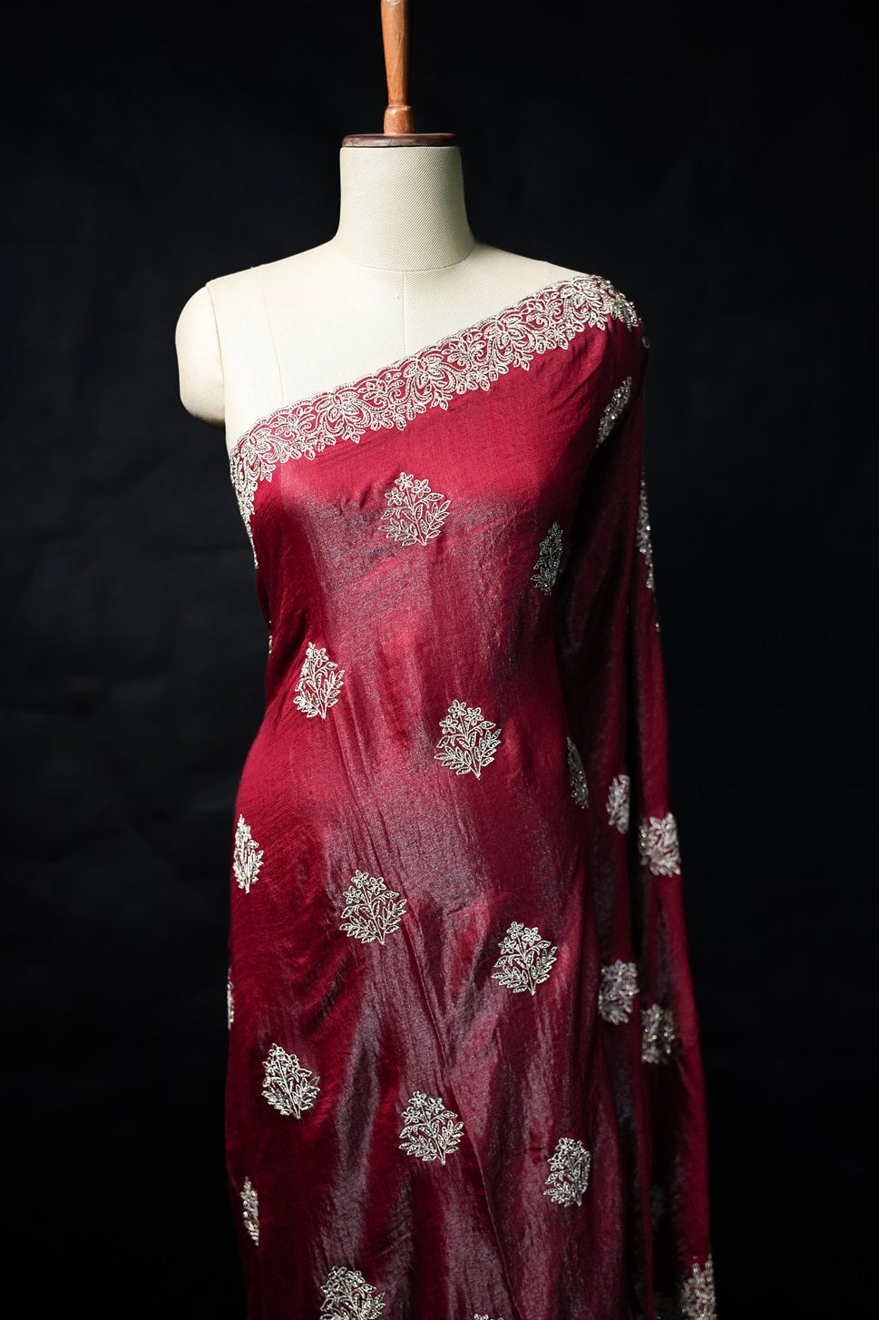 Maroon colour satin crepe fancy saree