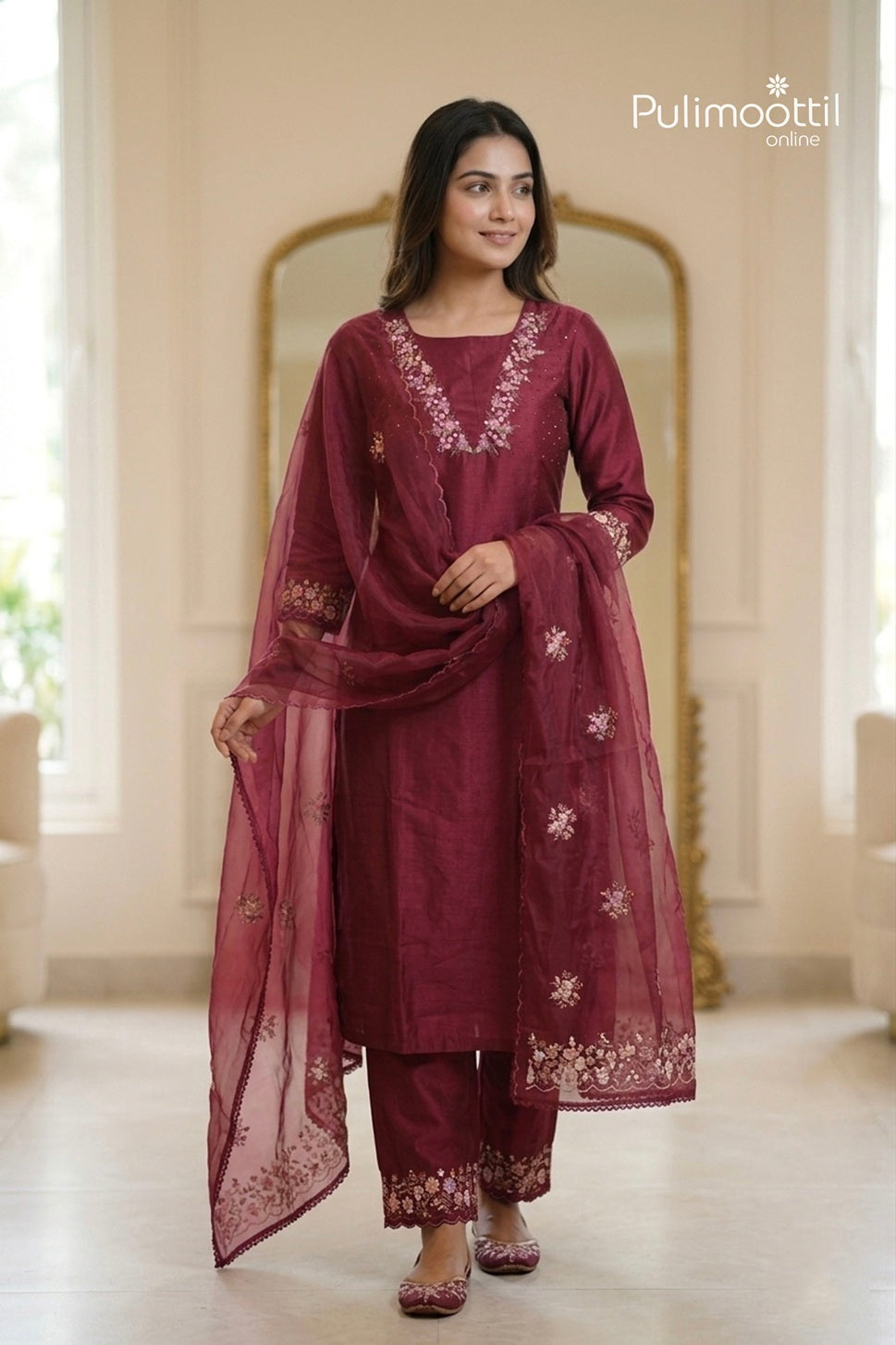 Maroon Chanderi Unstitched Salwar Set