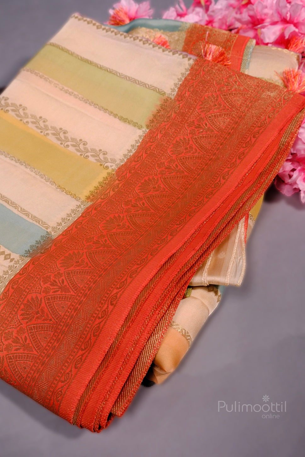 Multi colour pure organza Banarasi saree with golden zari stripe designs and vibrant red border, beautifully arranged on white fur.